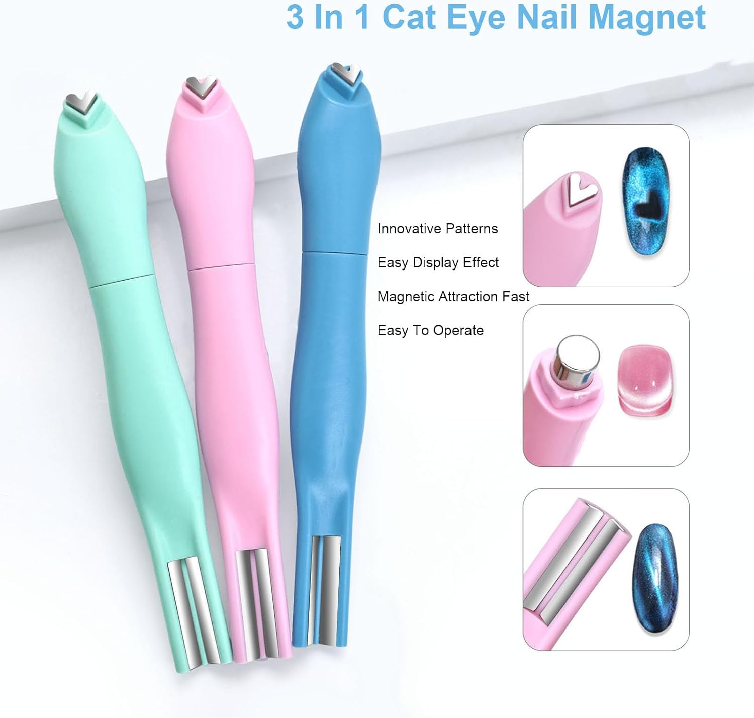 Pongnas Cat Eye Nail Magnet, 3 in 1 Design, Magnetic Nail Art Pen with Strong Magnet for Home Salon, Professional Nail Art (Dark Blue)