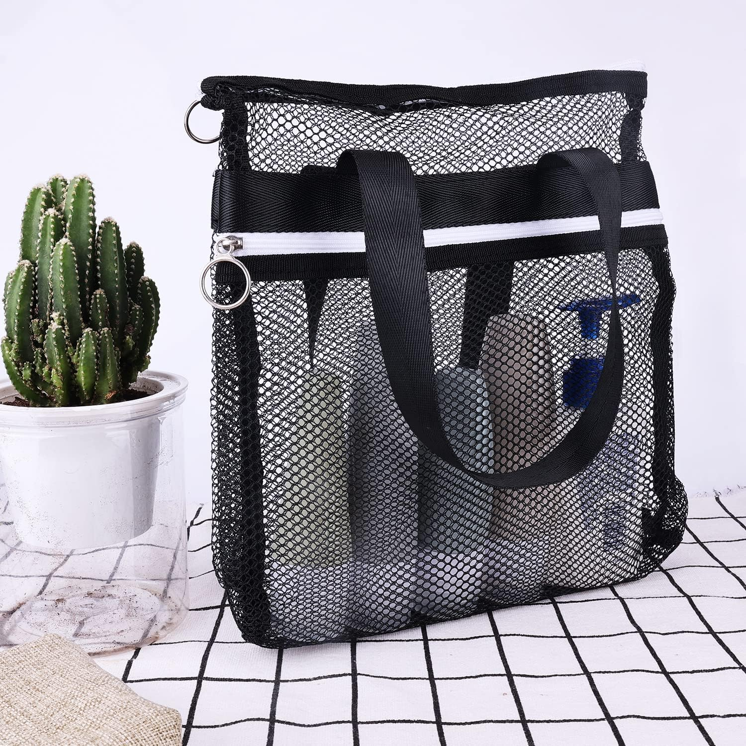 Mesh Zippered Shower Bag, Polyester Large Shower Tote Bag Portable Bath Caddy Organizer with Handle and 2 Storage Pockets Quickly Dry Shower Bag for Dorm Room Gym Camping (Black) image number 5