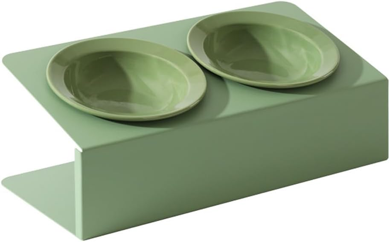 AIMALL Ceramic Double Cat Bowl with Adjustable Tilt, Elevated Pet Feeder for Cats and Small Dogs, Anti-Knock Food and Water Bowls, 12.4 X 6.18 Inches, Pink or Green