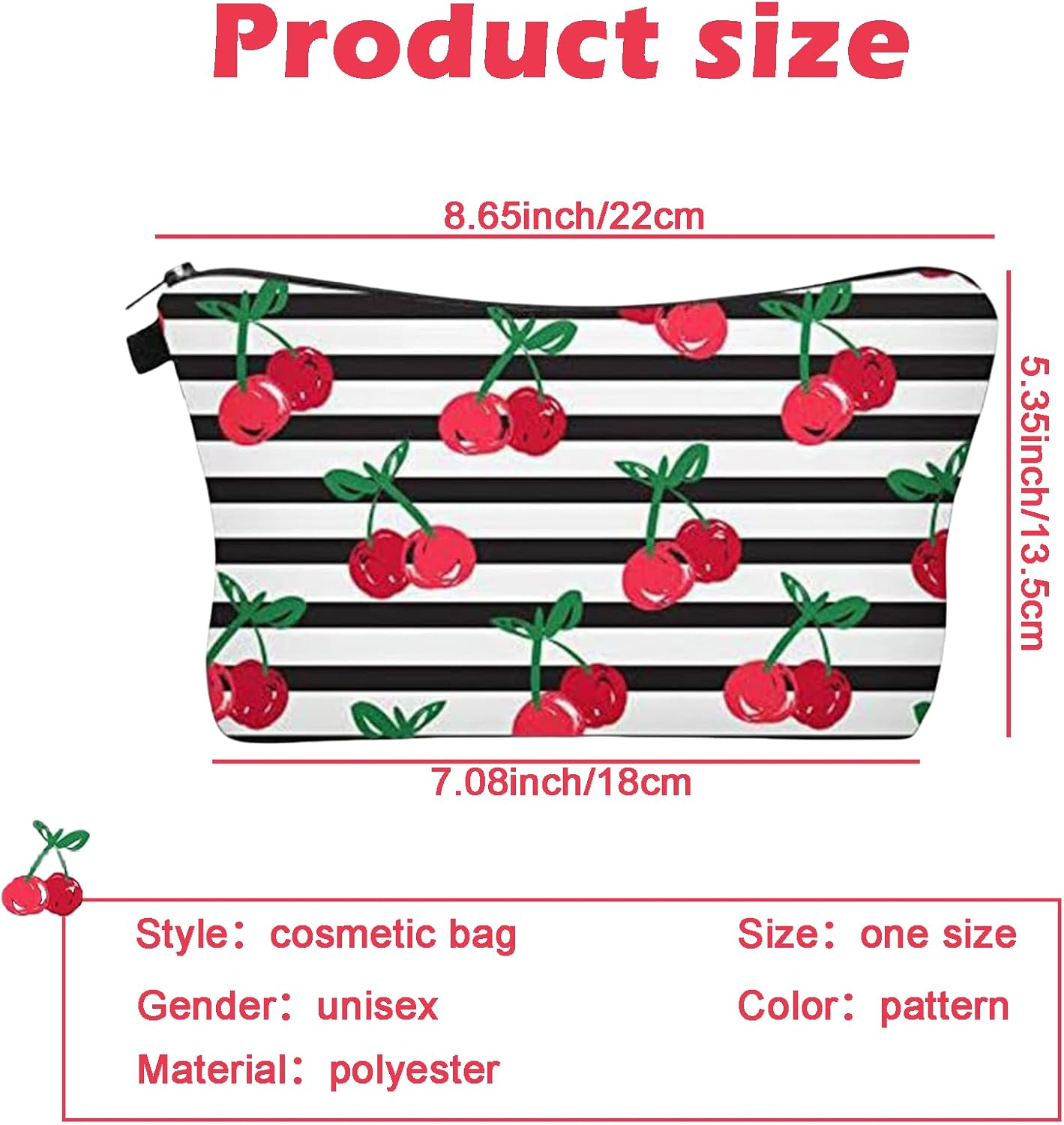 Rylaxzon Makeup Bag for Travel, Small Makeup Bag with Zipper, Waterproof Small Cosmetic Pouch for Purse Mini, Cute Traveling Bag Small for Ladies & Women (Stripes Cherry) image number 1