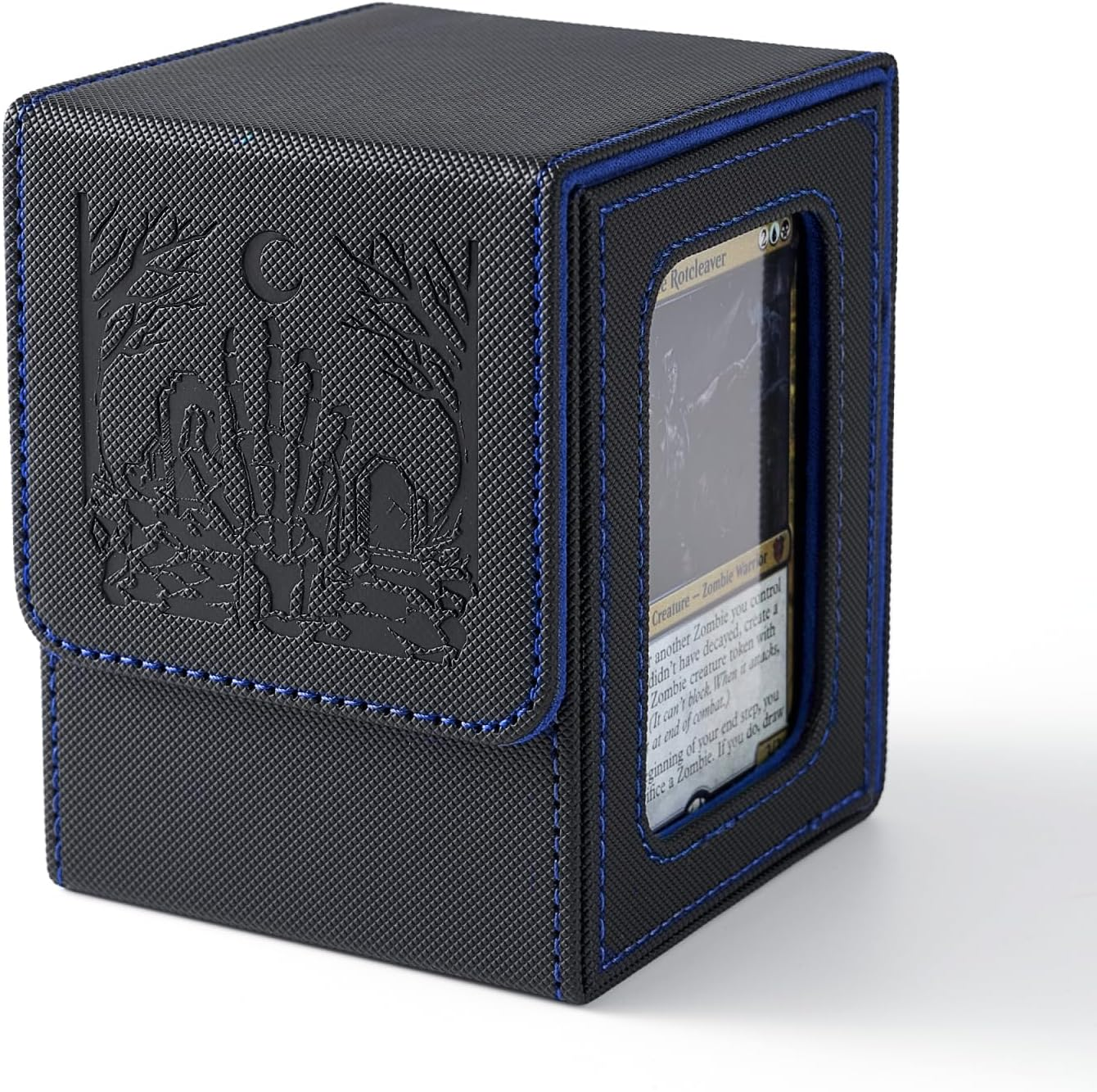 Venssu MTG Deck Box for Commander Display,Card Deck Box Fits 100 Double Sleeved Cards, TCG Card Storage Box with 2 Dividers and 1 Toploader (Black＆Blue) - Zombie