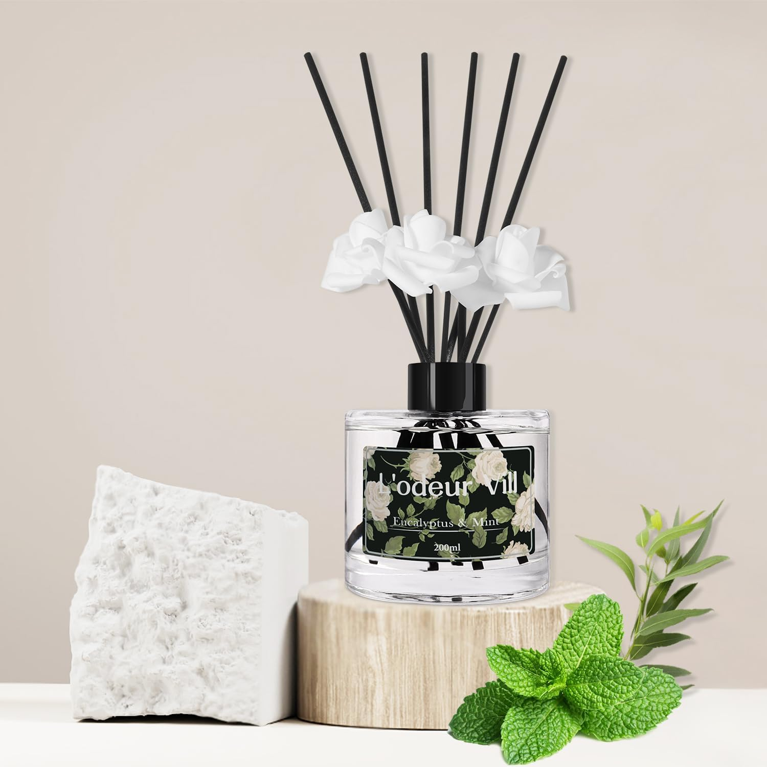 L'Odeur Vill Reed Diffuser Set, 6.7 Oz Eucalyptus & Mint Scented Diffuser with 6 Sticks, Reed Diffuser with 3 Artificial Rose Home Fragrance for Bathroom Shelf Decor image number 1