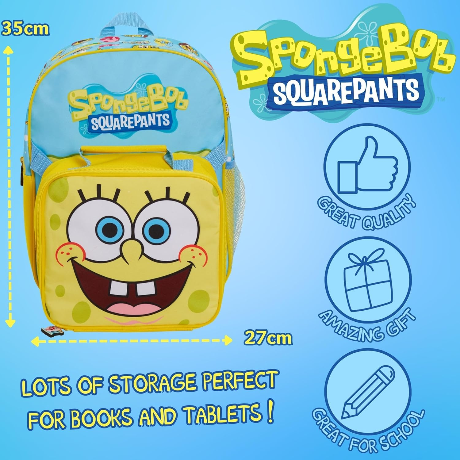 SPONGEBOB SQUAREPANTS Backpack with Cool Lunch Bag Boys Girls School 2 Piece Set Detachable, Blue, One Size, Backpack image number 6