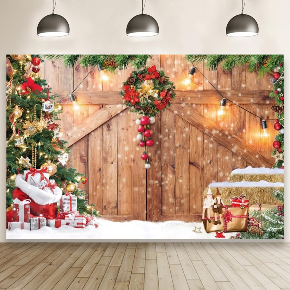 10X8Ft Christmas Barn Wood Door Backdrop Xmas Tree Rustic Wooden Snow Winter Wall Floor Party Photo Background for Holiday New Year Party Banner Family Holiday Party Supplies image number 5