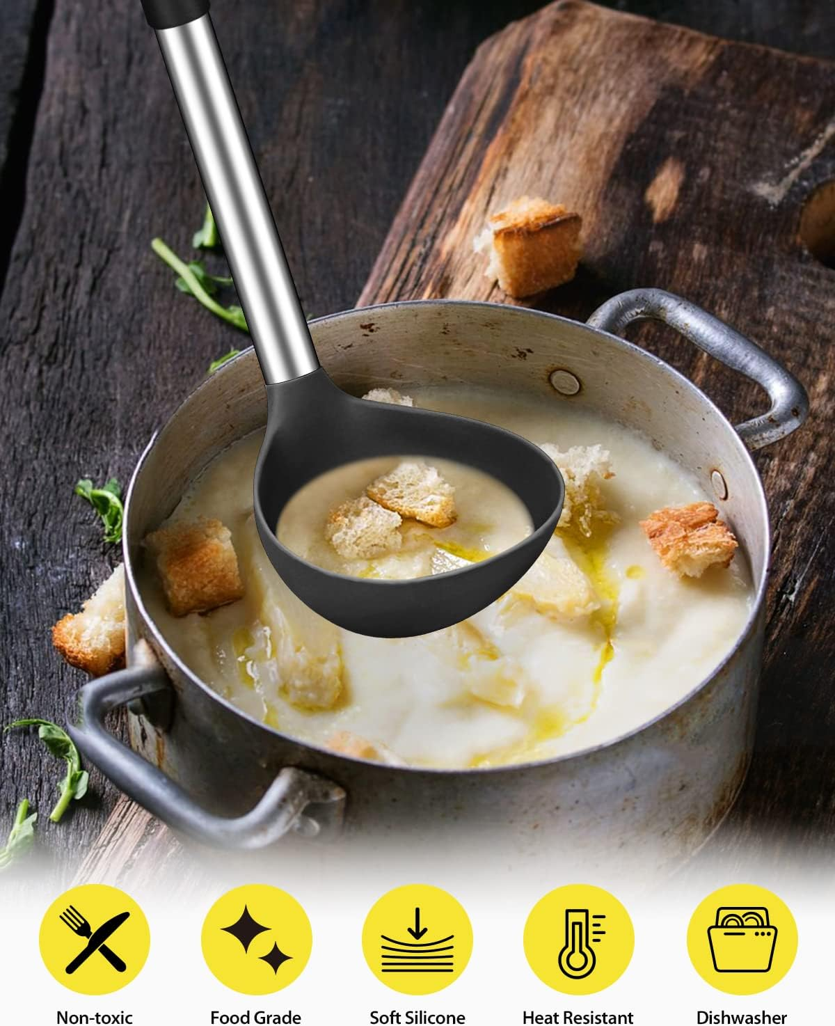 Silicone Pasta Fork and Soup Ladle Set, Non-Stick BPA Free Heat-Resistant Handy Kitchen Utensils for Cooking, Serving, Draining, Stirring (Black) image number 1