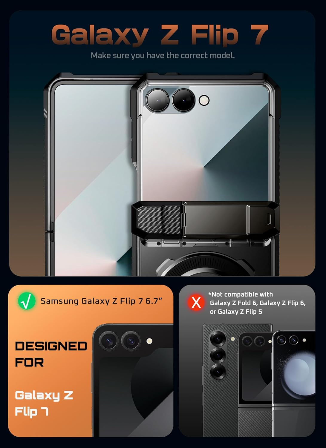 SUPCASE for Samsung Galaxy Z Flip 7 Case with Stand & Front Screen Protector (Unicorn Beetle Grip), [Support Magsafe] [Hinge Protection] Full Body Military-Grade Translucent Back Phone Cover, Black image number 6