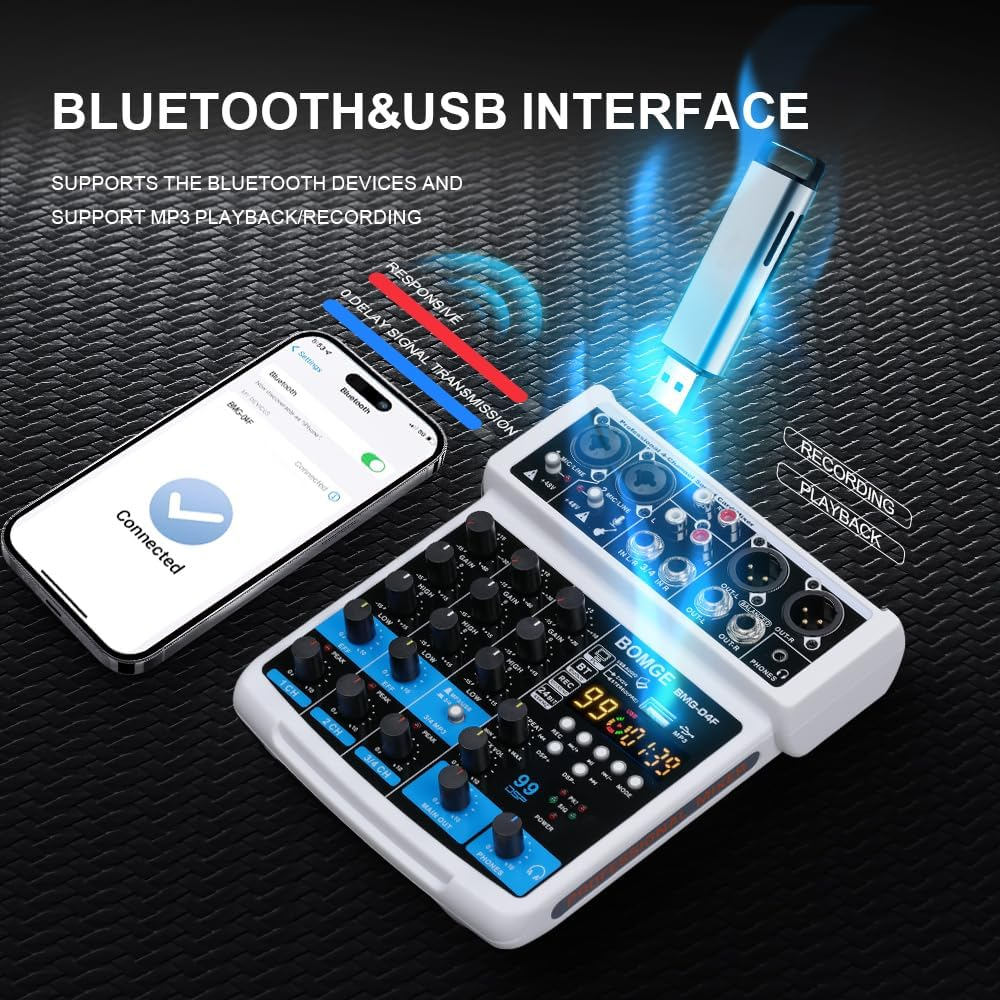 BOMGE 4 Channel Mini DJ Audio Sound Mixer Interface with MP3、 USB, Bluetooth, Stereo Recording, 48V Phantom Power, 24 DSP for Karaoke, Performance, Church Singing 、 Podcas Streaming- White image number 1