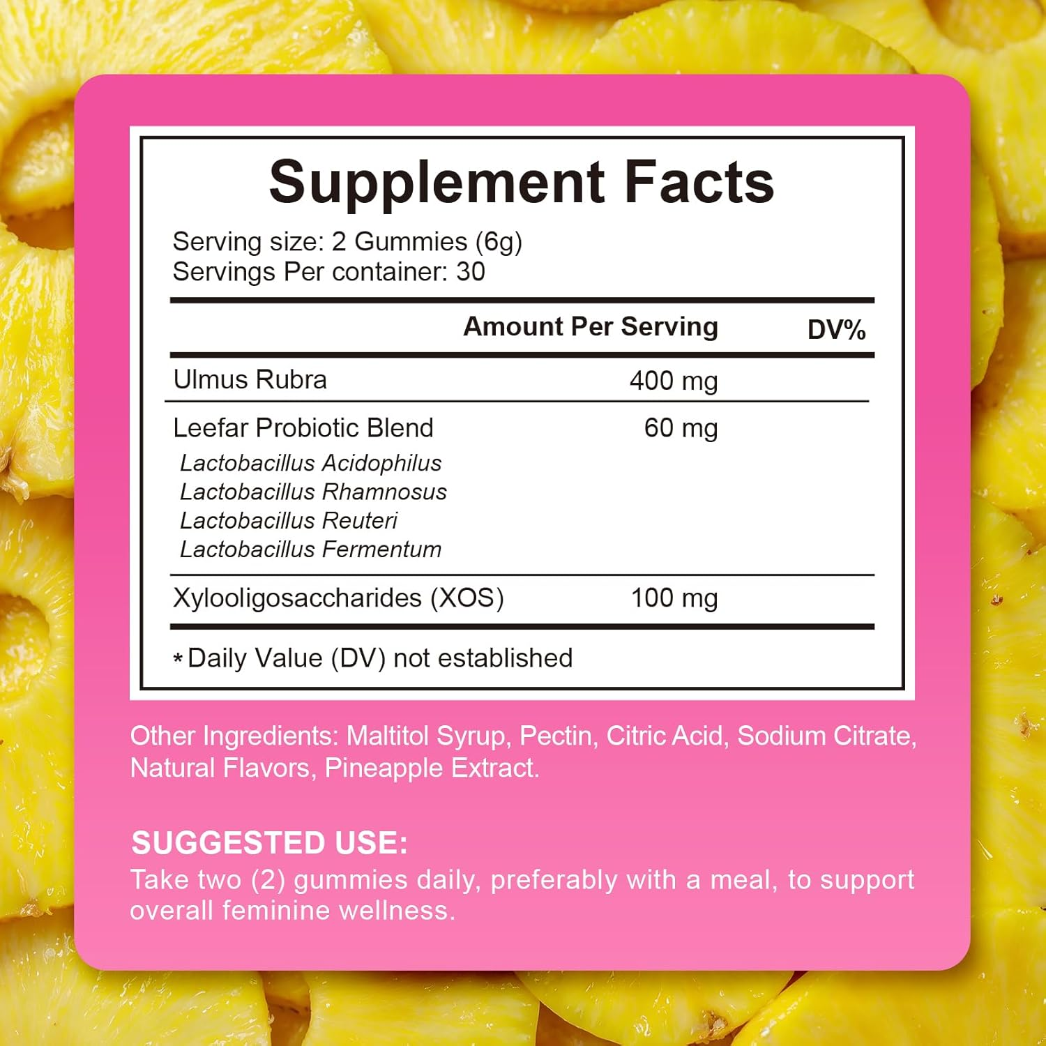 Women'S Probiotic Gummies + Slippery Elm | Supports Ph Balance, Digestive & Immune Health | with Prebiotics & Lactobacillus Blend | Pineapple Flavour | 60 Vegan Gummies image number 4