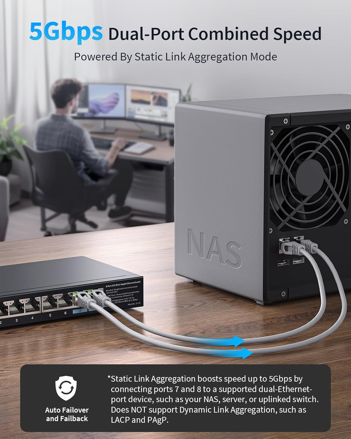 Brostrend 8-Port 2.5Gb Ethernet Switch, Unmanaged Multi-Gigabit Network Switch Supports Static Link Aggregation & VLAN for Gaming, NAS, PC, Network Splitter Plug & Play, Fanless, Lifetime Protection