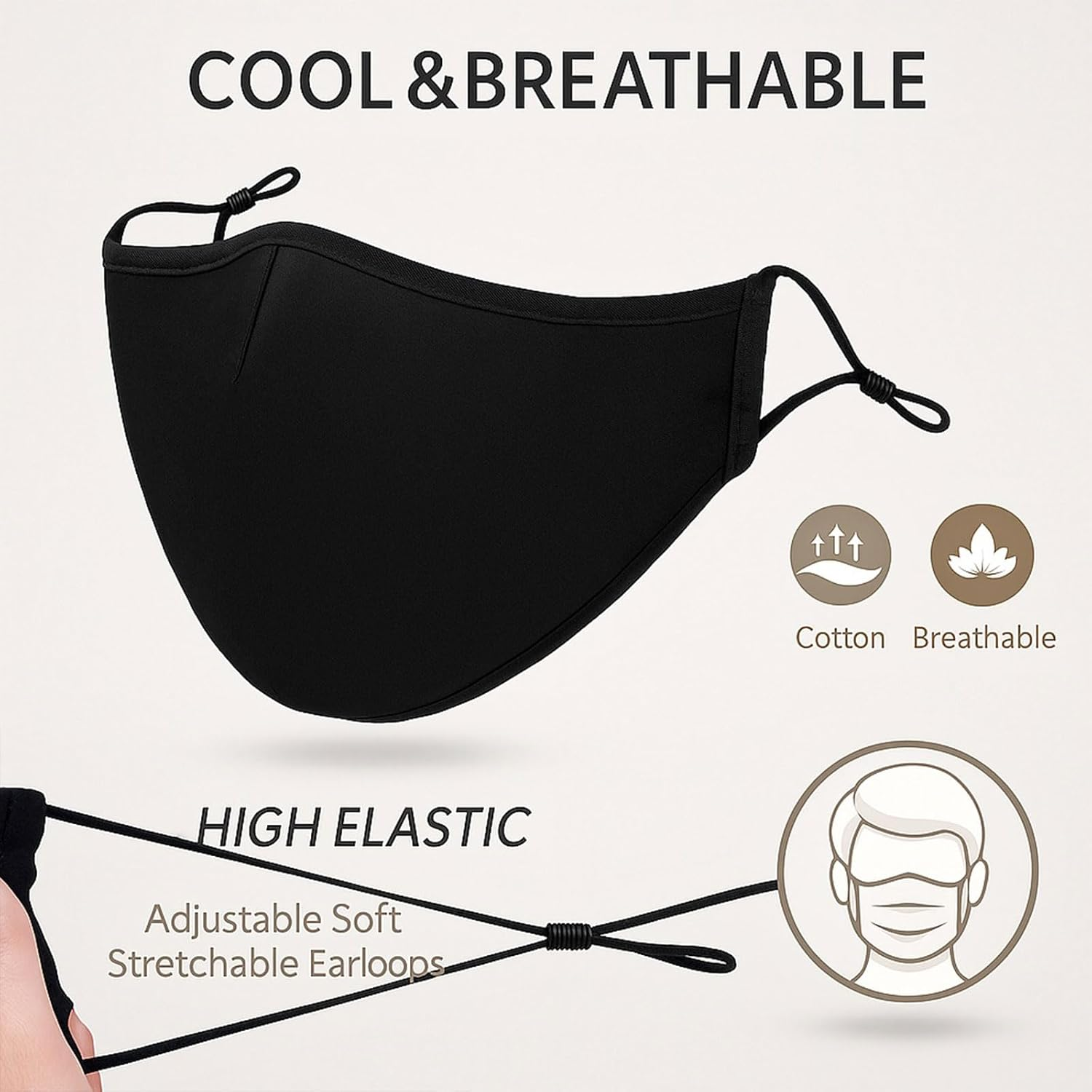 Reusable Black Cloth Face Mask - Adjustable Ear Loops, Comfortable Fit, Washable, Breathable, Soft Cotton Fabric, Anti-Dust, Suitable for Adults & Outdoor Use - Damaill