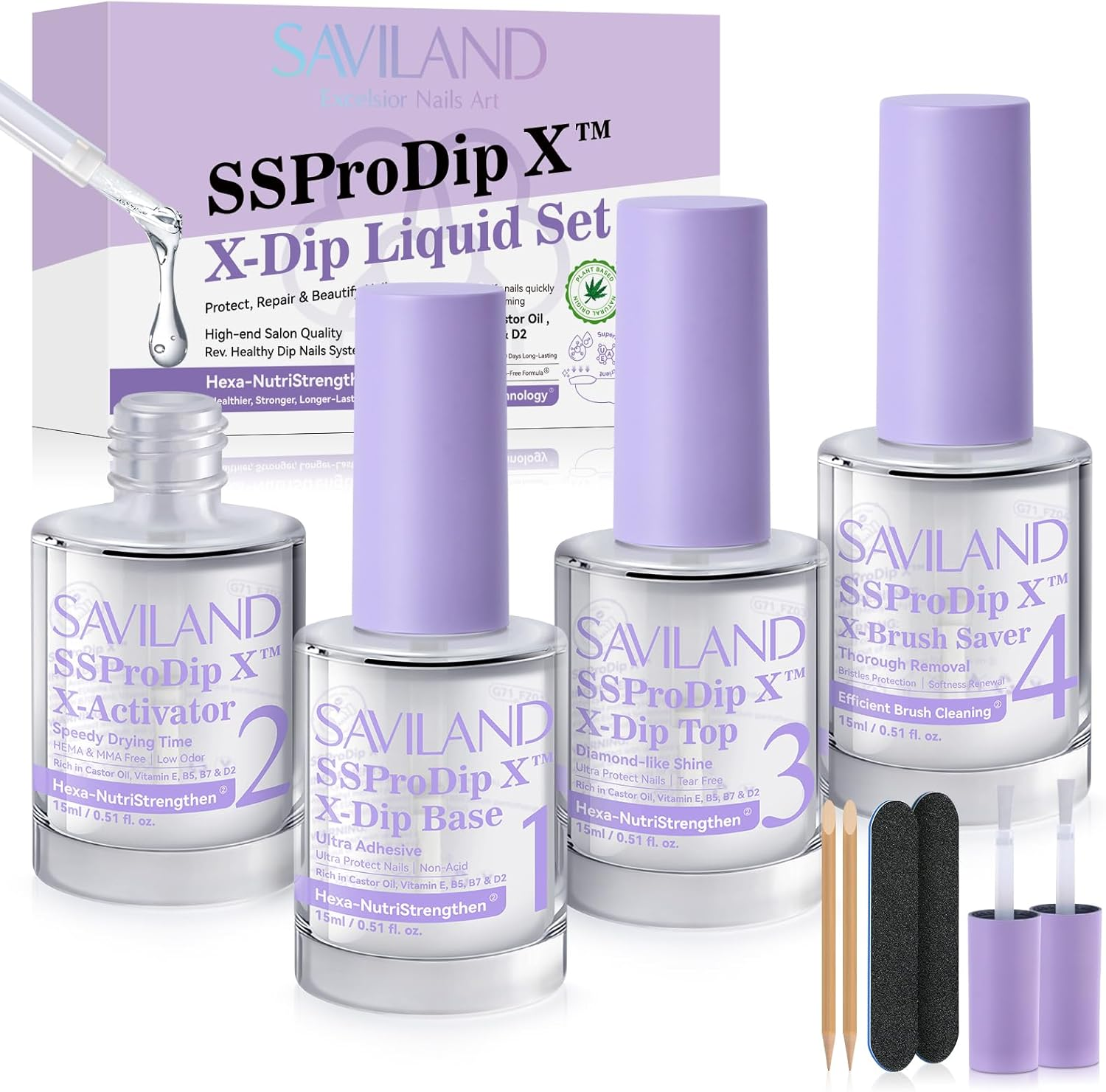 SAVILAND Dip Powder Liquid Set: 15Ml Nail Dip Liquid Set Rich in Castor Oil VE VB5 VB7 VD2 Dip Powder Base & Top Activator Brush Saver Dip Nail Liquid Set Strengthen Nail for Home Nail DIY Salon image number 6