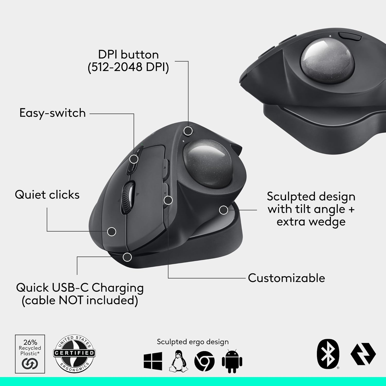 Logitech MX Ergo S Advanced Wireless Trackball Mouse, USB-C Rechargeable Wireless Ergonomic Mouse with Bluetooth and Encrypted Dongle, 6 Programmable Buttons, for Pc/Mac image number 1