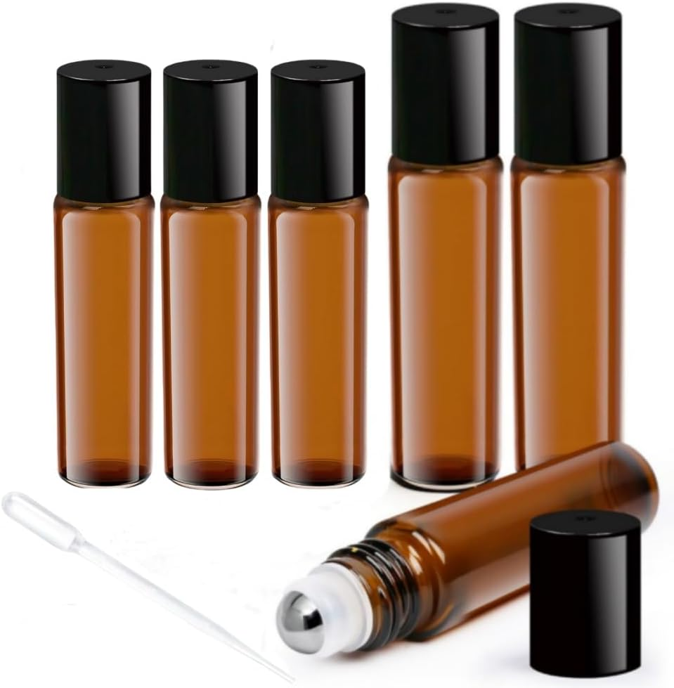 6 Pack Roll on Bottles, 5Ml/10Ml Roller Bottles for Essential Oils, Amber Thick Glass Roller Bottles for Oils, with Stainless Steel Roller Balls, 2 Droppers image number 4