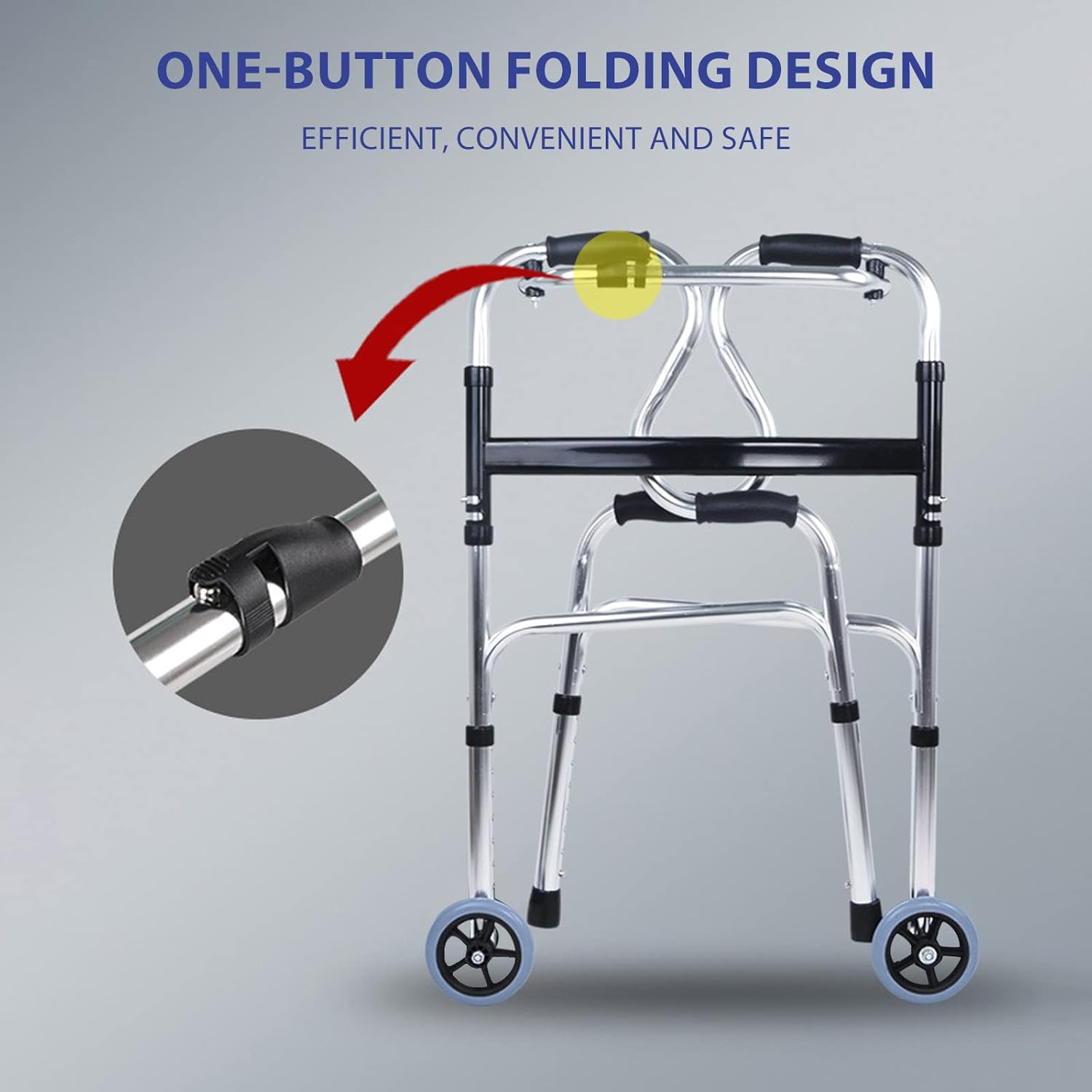 USOR 4-In-1 Stand-Assist Folding Walker with Detachable Seat, Folds for Easy Storage & Transport, 5" Wheels, Capacity 150KG, Can Be Used as Toilet Safety Rail, Silver, Aluminium, Senior/Elderly