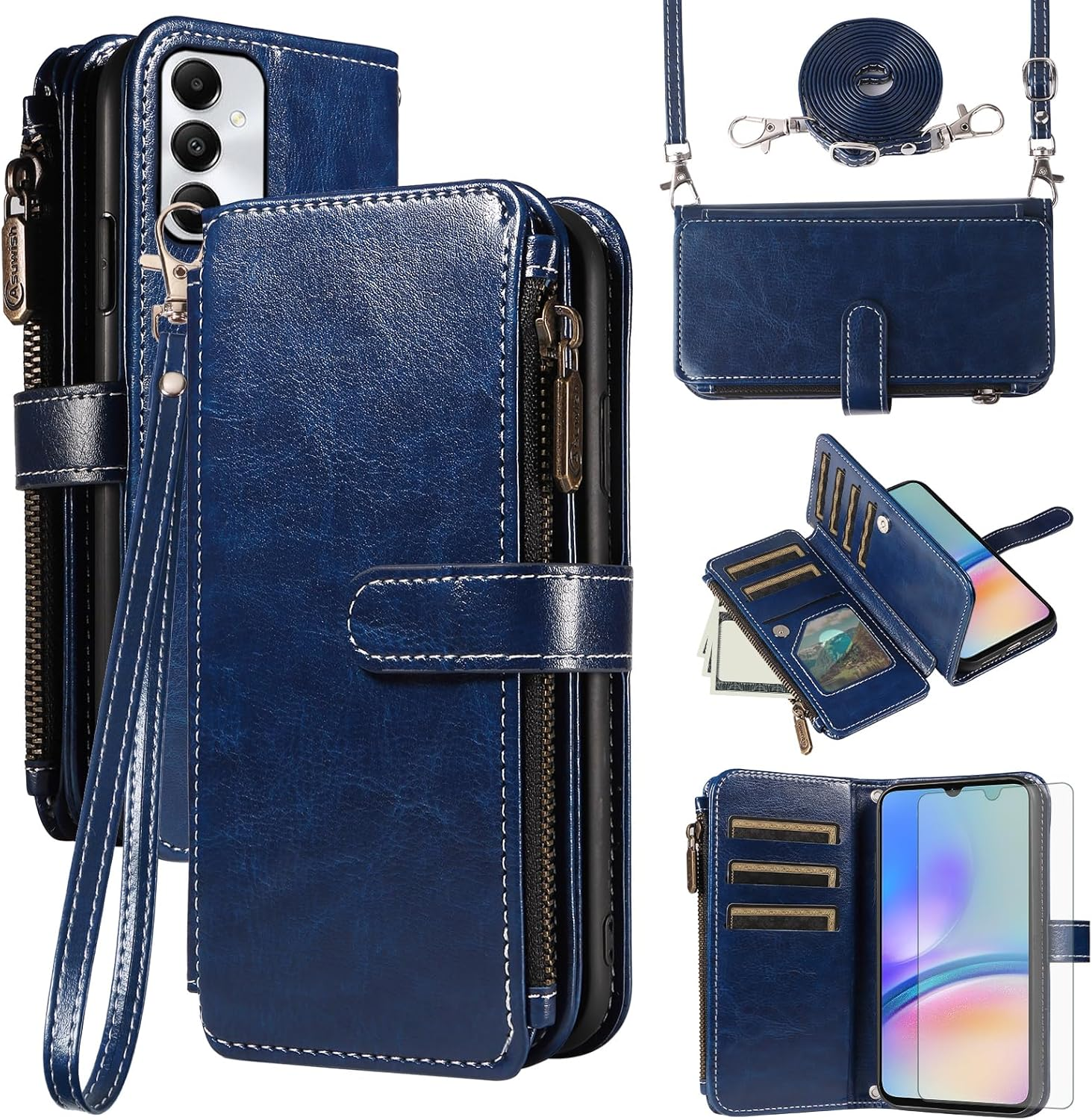 Asuwish Mobile Phone Case for Samsung Galaxy A05S/A05 Case with Strap Film Protective Film Card Slot Foldable Leather Wallet Stand Ao5S Ao5 a 05S 05 Mobile Phone Cases Protective Zip Phone Case Brown