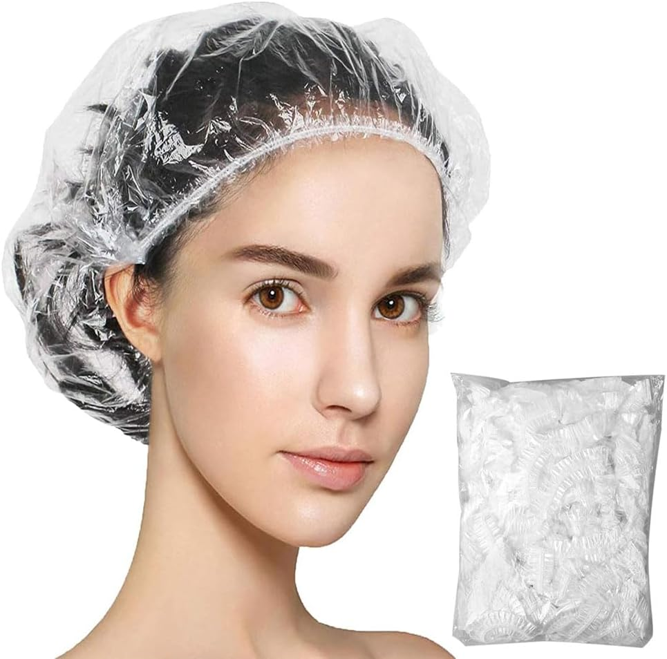100 Pcs Waterproof Clear Hair Bath Caps Disposable Shower Caps for Women, Kids, Girls, Spa, Salon, Travel, Hotel and Home Use Plastic Hair Cap image number 1