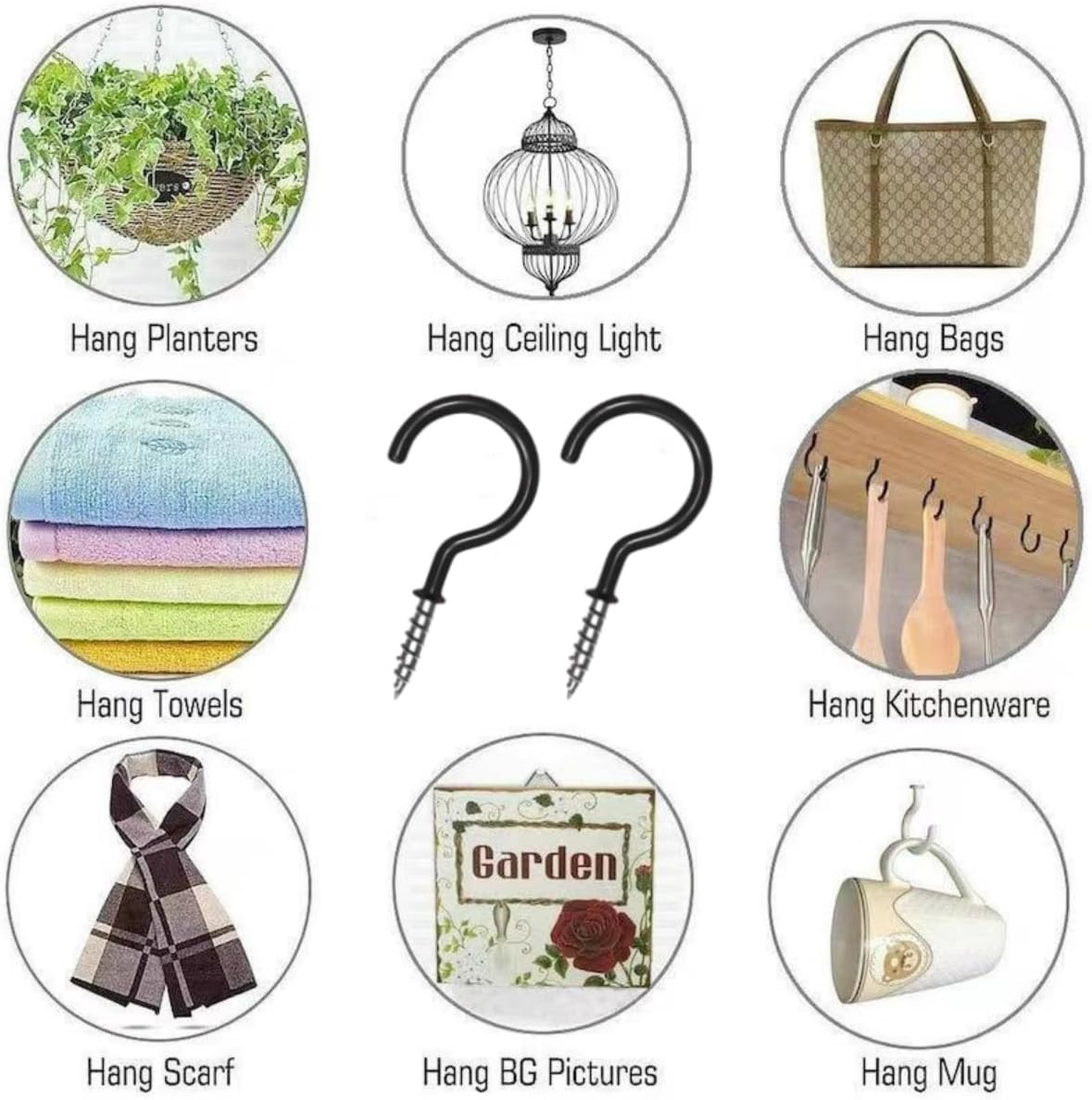 Greenlux 75Pc Black Metal Screw Hooks, Heavy Duty, Holds up to 35Lbs, Indoor/Outdoor, Wall Mount, Decorative Black, for Hanging Mugs, Lamps, Curtains, Etc. - White-12 image number 2