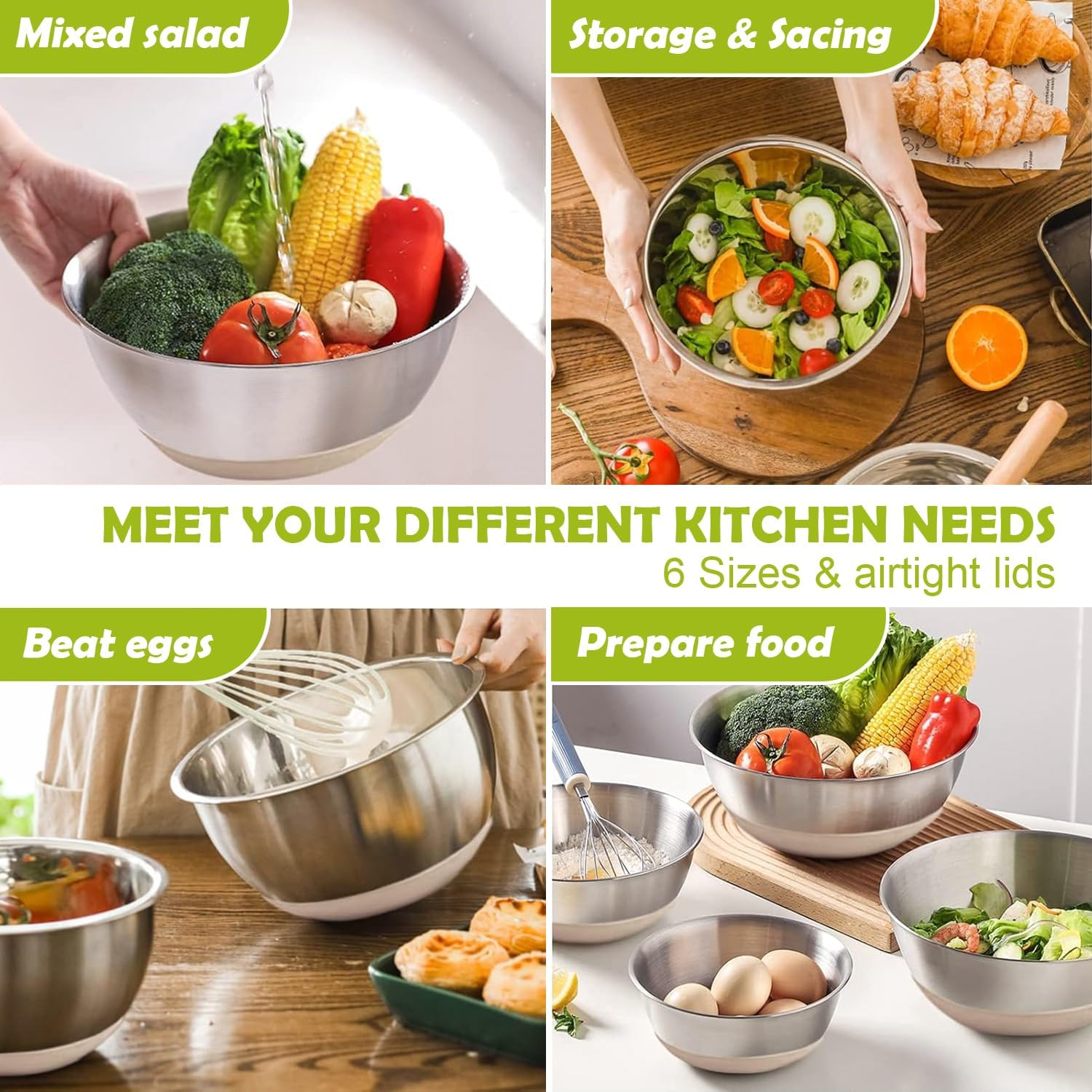 Stainless Steel Mixing Bowl Set with Airtight Lids, Non-Slip Base & Multi-Functional Colander, 3 Sizes (1.5, 2.5, 6 QT) for Baking, Cooking & Food Storage, Includes Grater Attachments image number 6