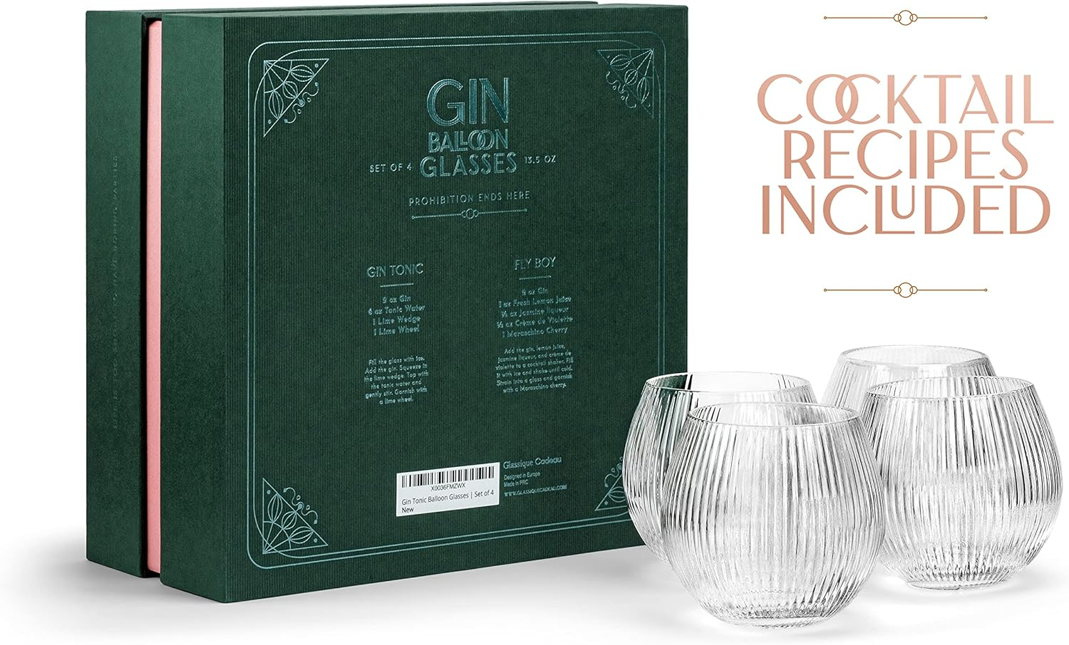 Vintage Art Deco Gin and Tonic Balloon Glasses | Set of 4 | 13.5 Oz Stemless Crystal Copas for Drinking Gin Cocktails | Retro Gift Goblets for Gin Lovers | Bubble Cups for Bar Drinks