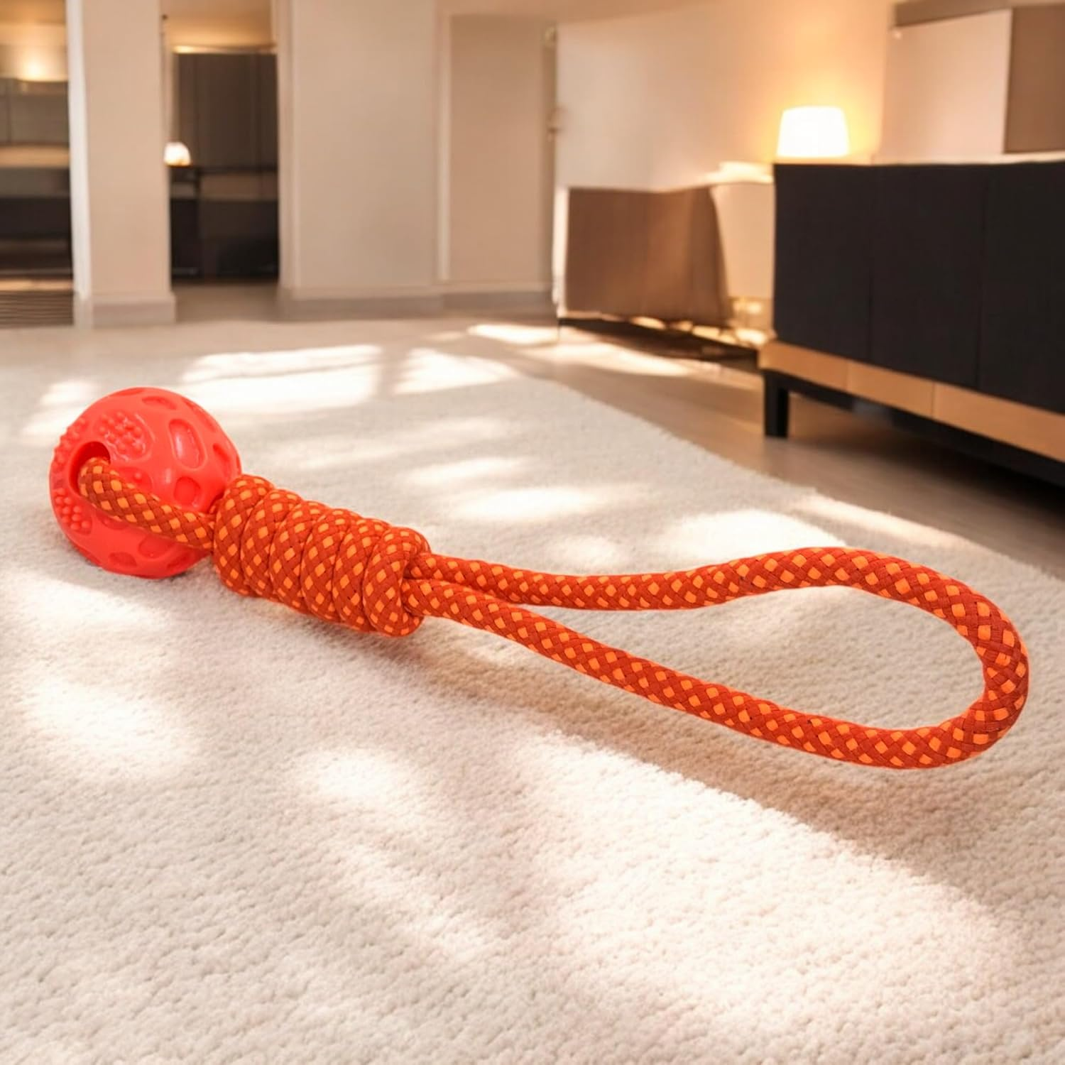 MIJOMA Dog Toy Ball on Rope - Floating Silicone Ball, Ideal for Fetch Games & Chewing, Robust Rope 100% Polyester, Interactive, Total 40 Cm, (Orange) image number 4