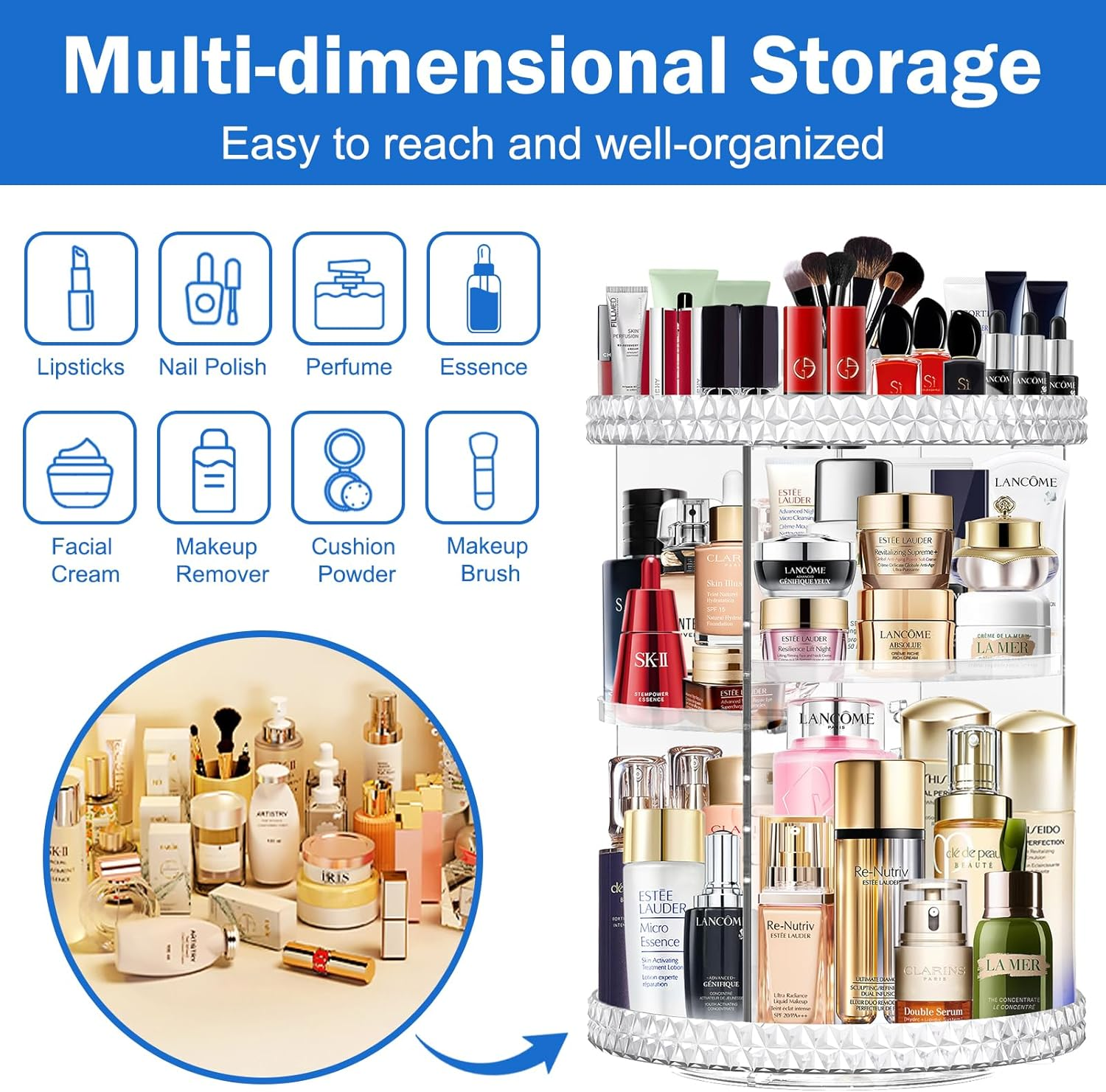 Mokani 360&deg; Rotating Acrylic Makeup Organisers, Adjustable Skincare Cosmetic Organiser Make up Organizers Storage Lipsticks Brushes Perfume Holder Stand for Dresser, Bedroom, Bathroom (Clear) image number 2