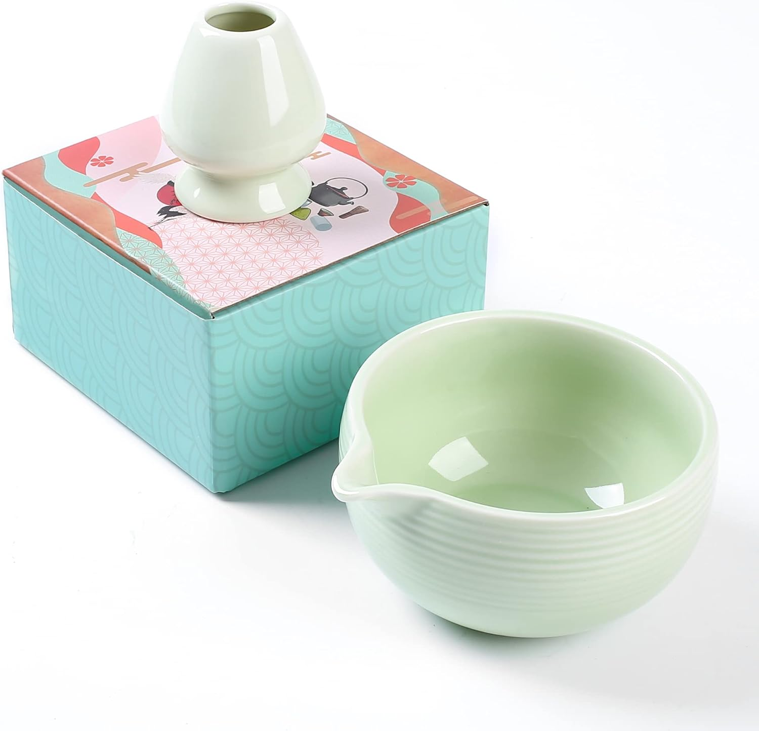 Traditional Matcha Bowl with Pouring Spout & Whisk Holder (Reshaper) - Handmade Japanese Style Matcha Chasen Ritual Kit- 22Oz Big Salad Porridge Juice Bowl Chawan (Baby Pink) (ZRC23-SP)