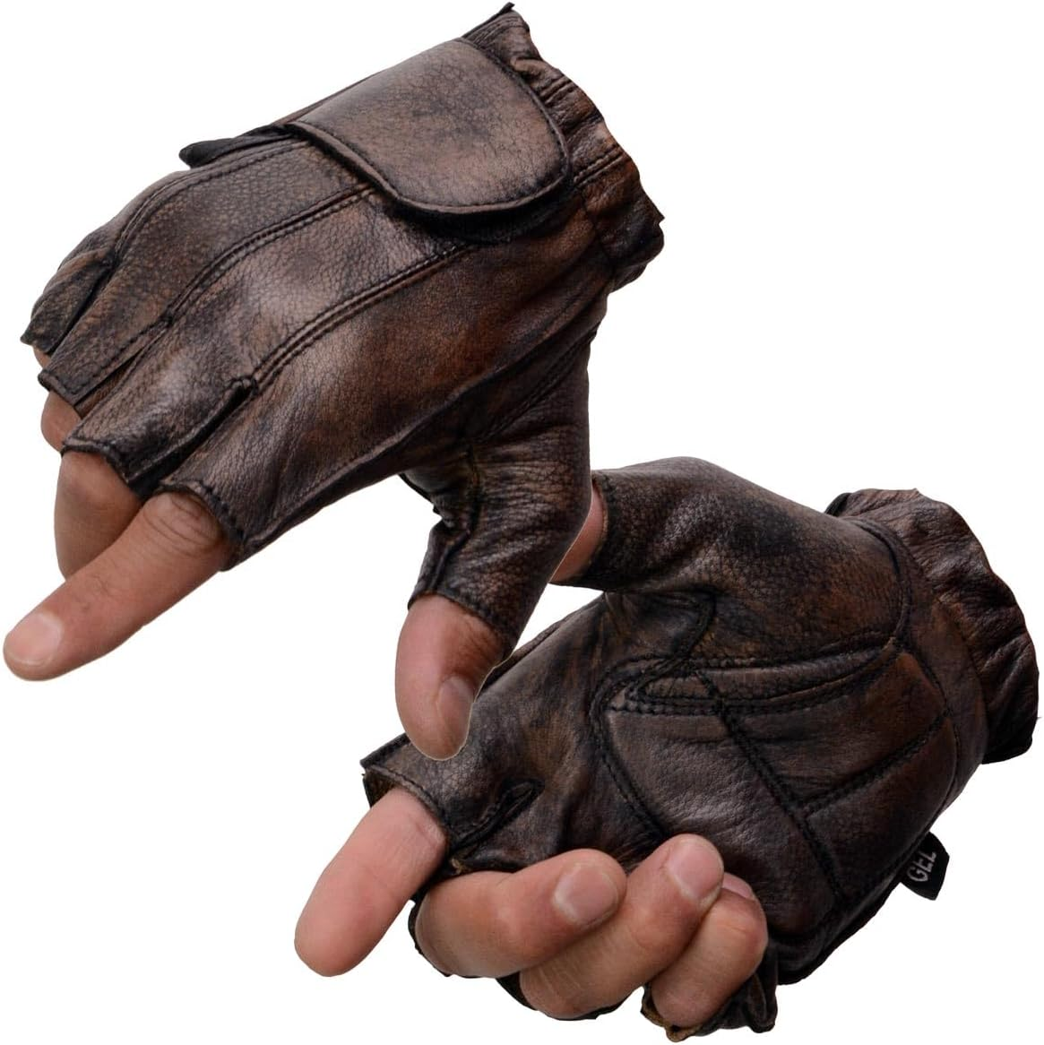 Men'S Distressed Brown Fingerless Gloves W/ Gel Palm image number 5