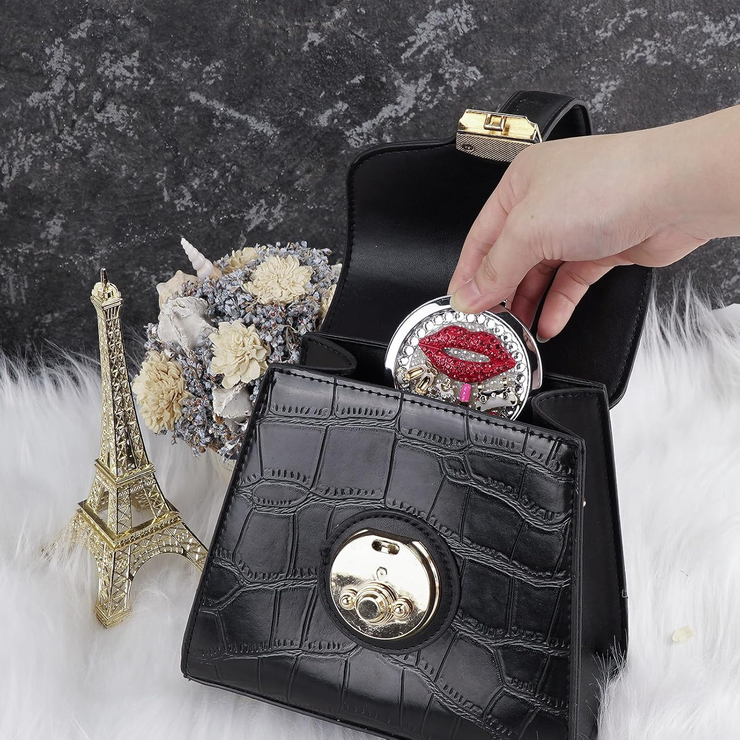 JANKOW Red Lips Mirror, Rhinestone Compact Mirror, Pearl Makeup Mirror Travel Vanity Mirror Beauty Mirror Make up Mirror Double-Sided Makeup Mirror, for Women and Girl Travel Makeup Mirror (1 Pcs) image number 5