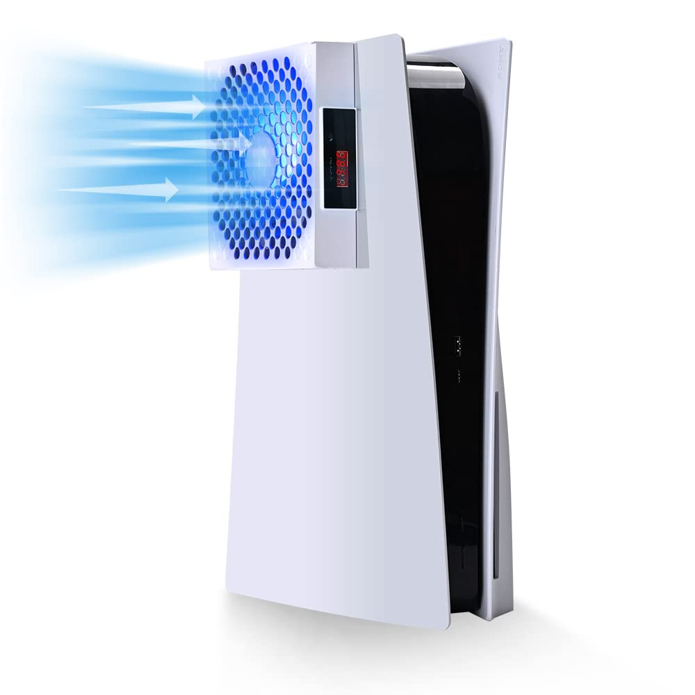 G-Story PS5 Cooling Fan,Ps5 Cooler System, Fan Speed Automactically Adjusted by Temperature(℃/℉), Low Noise, 3 Speed 1500/1750/2000RPM (140MM) with RGB LED (White)