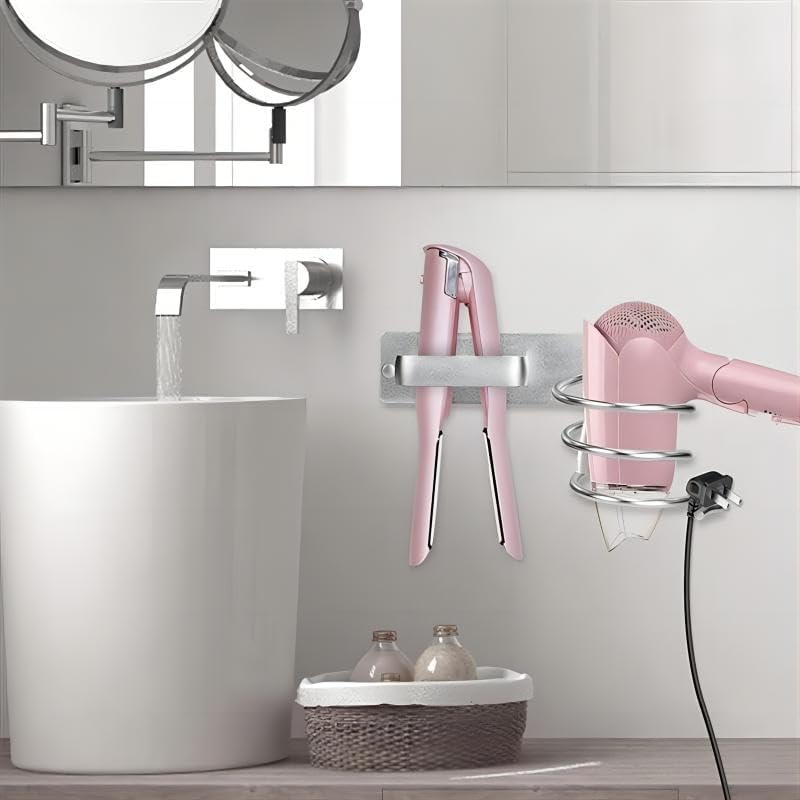 2 in 1 Hair Dryer Holder Rack,Fyjidy Wall Mounted Haircare Styling Tool Storage Box for Hair Dryer,Curling Wand,Hair Straightener (Silver) image number 2