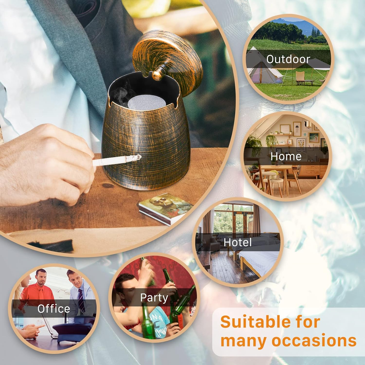 Small Retro Odorless Ashtray with Lid for Cigarettes Outdoor Rainproof,Metal Decorative Ashtray for Patio outside Home Indoors Table Decor,Copper image number 5