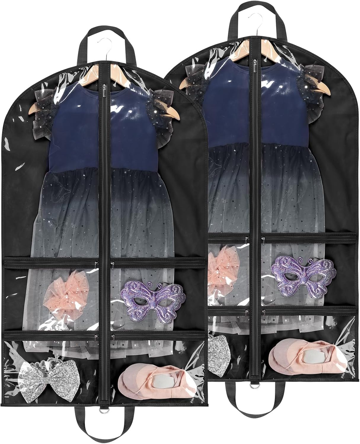 Costume Dance Garment Bag,40 Inch Dance Garment Bags with 4 Clear Zipper Pockets for Suits Dress Cover, Travel Storage & Competitions, Set of 2 (Black) image number 1