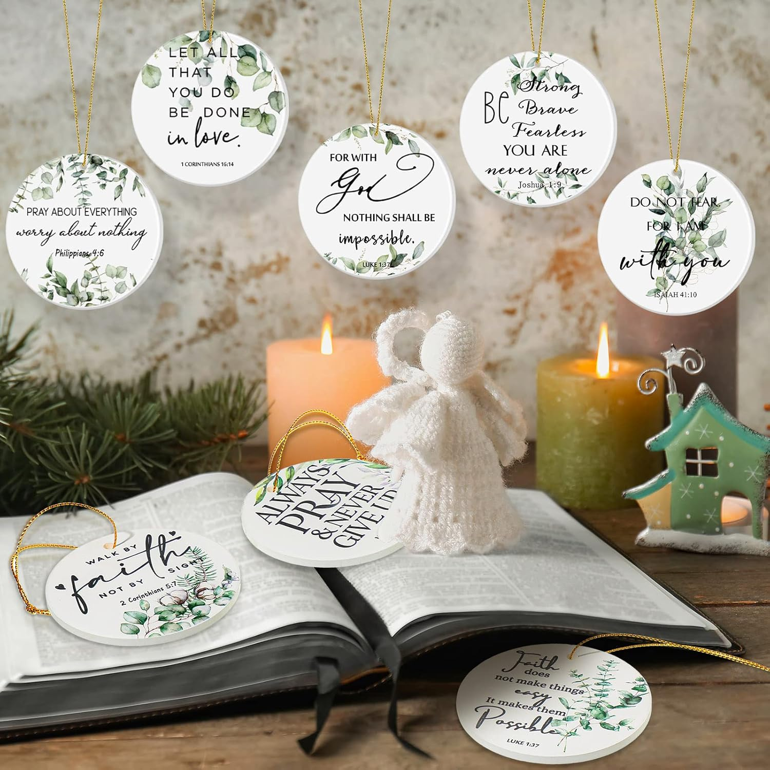 Fumete 18 Pcs Christmas Double Sided Printing Religious Ornaments Bulk Christian Ceramic Hanging Ornaments Bible Verse Inspirational Quote Botanical Plant Green Leaves round Flat Decor Church Gift image number 2
