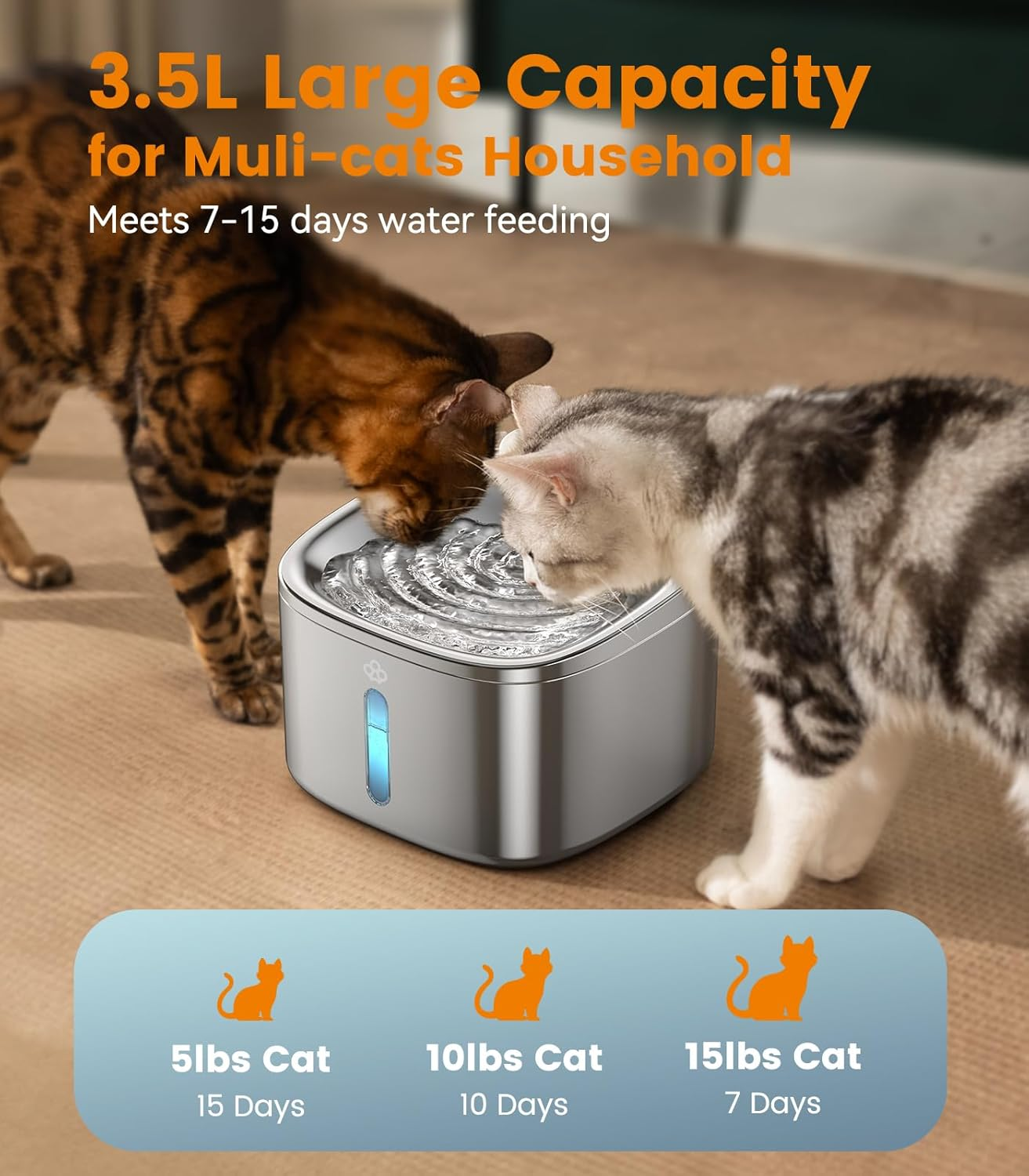 Oneisall 3.5L Cat Water Fountain Stainless Steel, Cat Fountain for Cats Indoor, Quiet Running Cat Drinking Fountains with 3 Replacement Filter image number 3