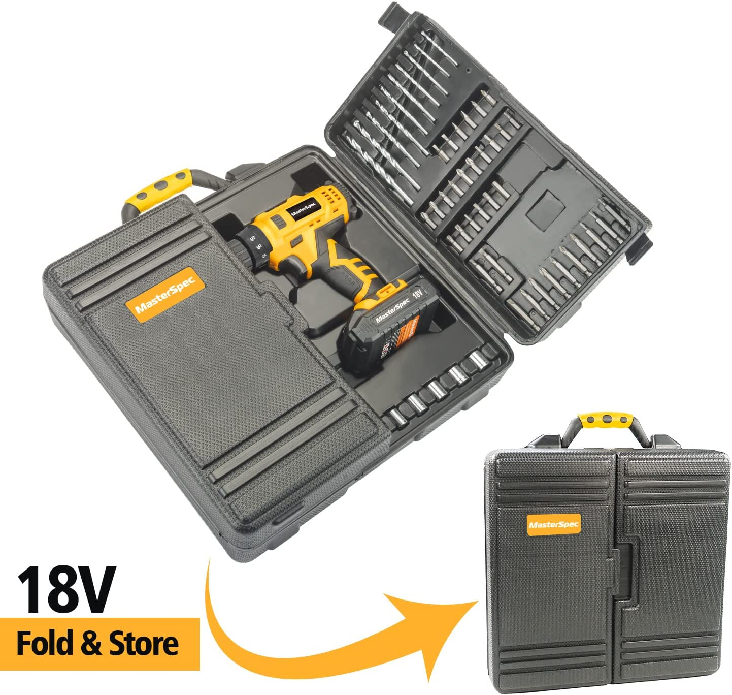 Masterspec 92 PCS Power Tool Kit 18V Cordless Hammer Drill Screw Flap Bits Sockets Set Multifunctional 18+1 Torque Variable Speed Electric Power Drill with Carrying Case image number 1
