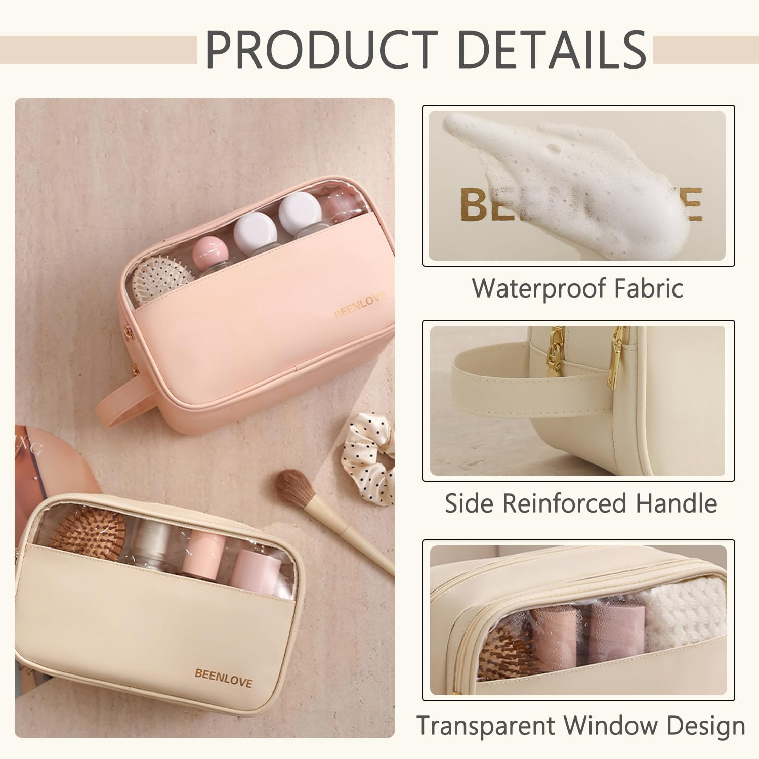 Portable Travel Waterproof Makeup Bag/Cosmetic Bag with Golden Zip for Women and Girls/Wide Open Cosmetic Organiser Made of PU Leather with Side Handle/Nail Polish & Makeup Brush, Navy, 25CM
