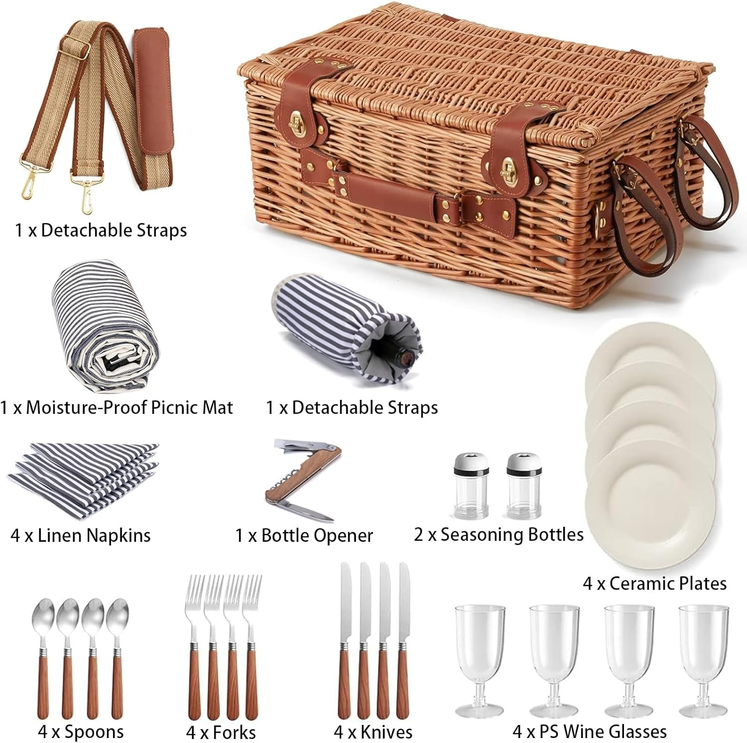 NUFECARG Picnic Basket, Wicker Picnic Basket Set with Blanket and Wine Pouch, Picnic Set with Cutlery Set for 4, Insulated Liner Cooler Bag Hamper, Ideal Gifts for Camping, Picnic, Travel and Beach image number 1