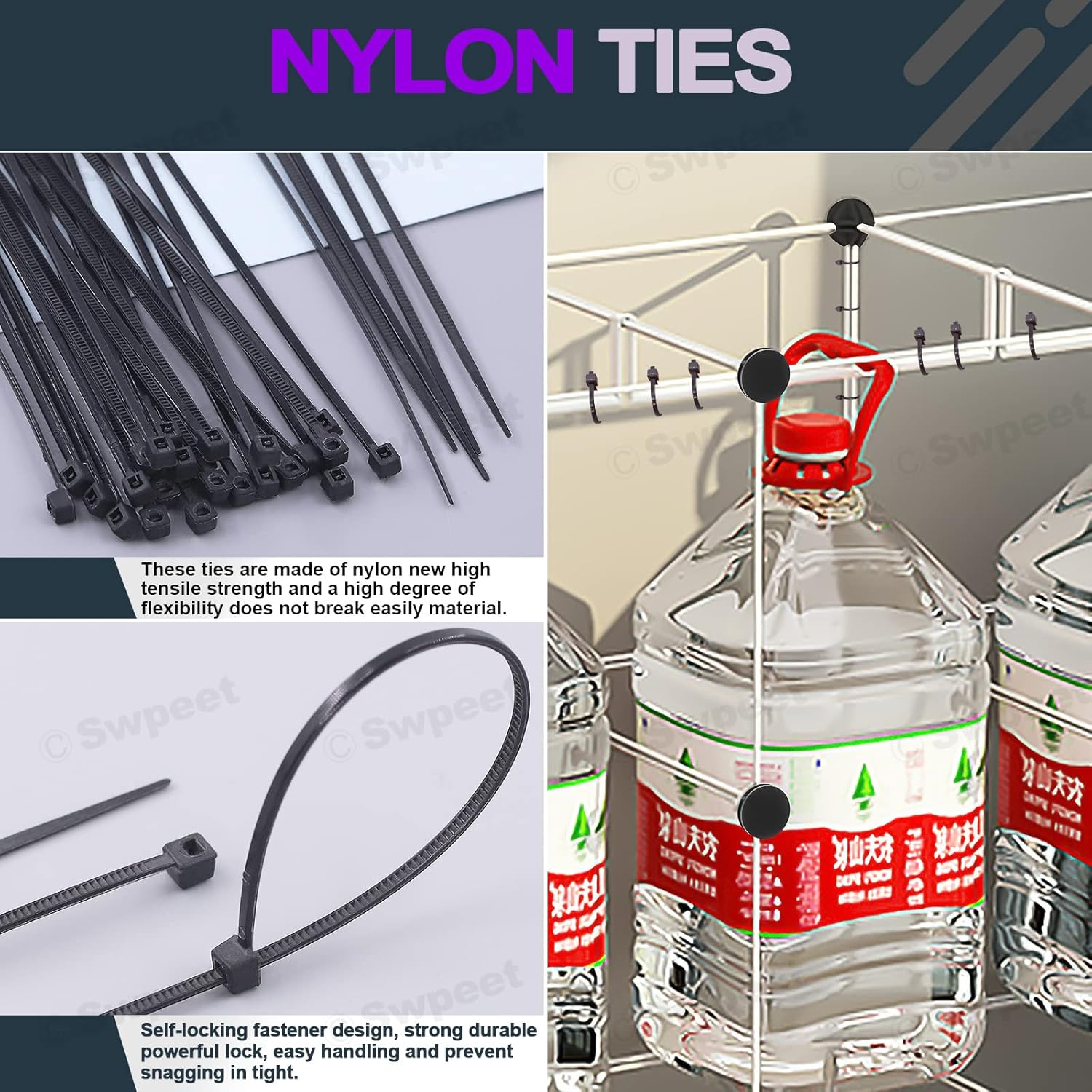 Swpeet 91Pcs 2 Styles Black Cube Plastic Connector with Cable Ties and Wooden Mallet Assortment Kit, Cube round and Right Angle Organizer Connector Wire Grid Heavy Duty Zip Ties for Shelving