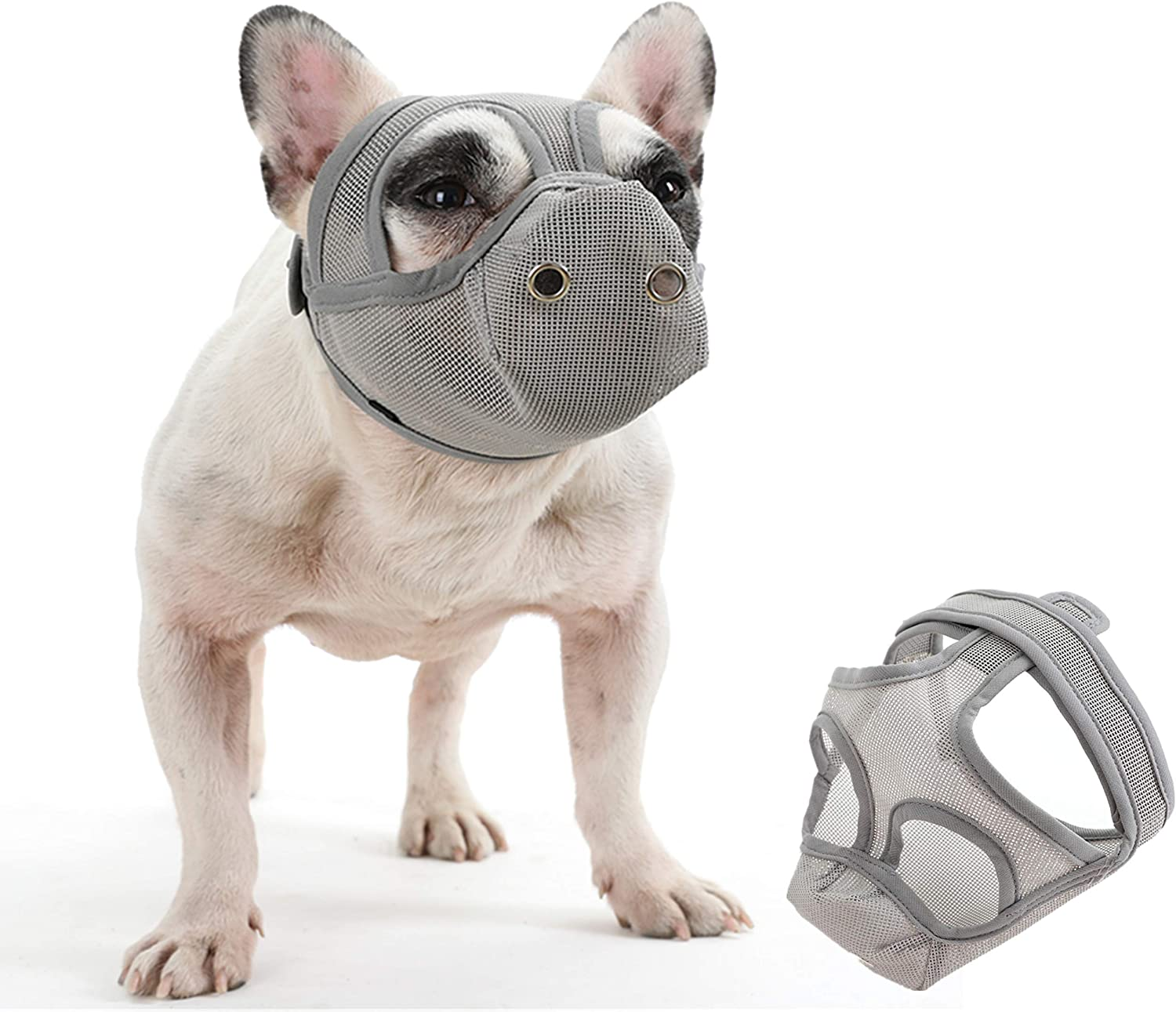 Short Snout Dog Muzzle - Adjustable Breathable Mesh for Bulldogs, Anti-Biting and Training, Can Stick Out Tongue and Drink Water (S 15.3"-16.1", Grey) image number 3
