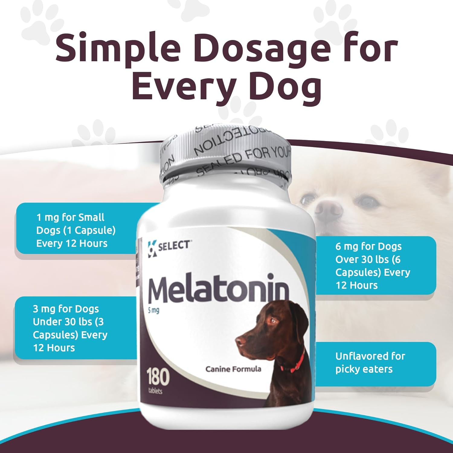 K9 Select Melatonin for Dogs - Calming Aid Tasty Dog Supplement - Helps Overall Health with Quiet Moments and Composure - Reduce Stress Calming Treats for Large Dogs - 5 Mg, 180 Tablets image number 4