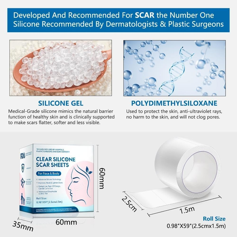 Clear Silicone Scar Sheets for Face & Body &ndash; Medical-Grade Silicone Gel, Improves & Heals Scars, Waterproof, Breathable, Easy to Cut (Roll Size 0.98" X 59", 2.5Cm X 1.5M) image number 5