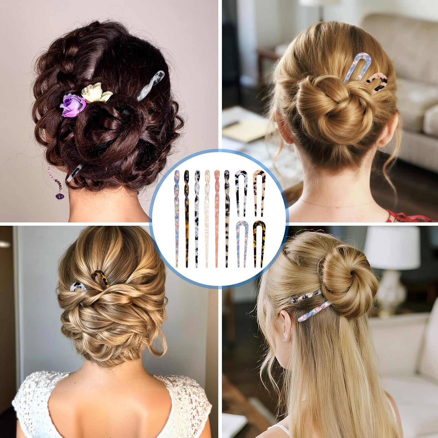 Acetate Hair Stick and U Shaped Hairpin, 6 Pieces Hair Sticks, 4 Pieces French Hair Pin Retro Hair Pins, Acrylic French Hair Pin, Vintage Hair Pins for Women Girls image number 4