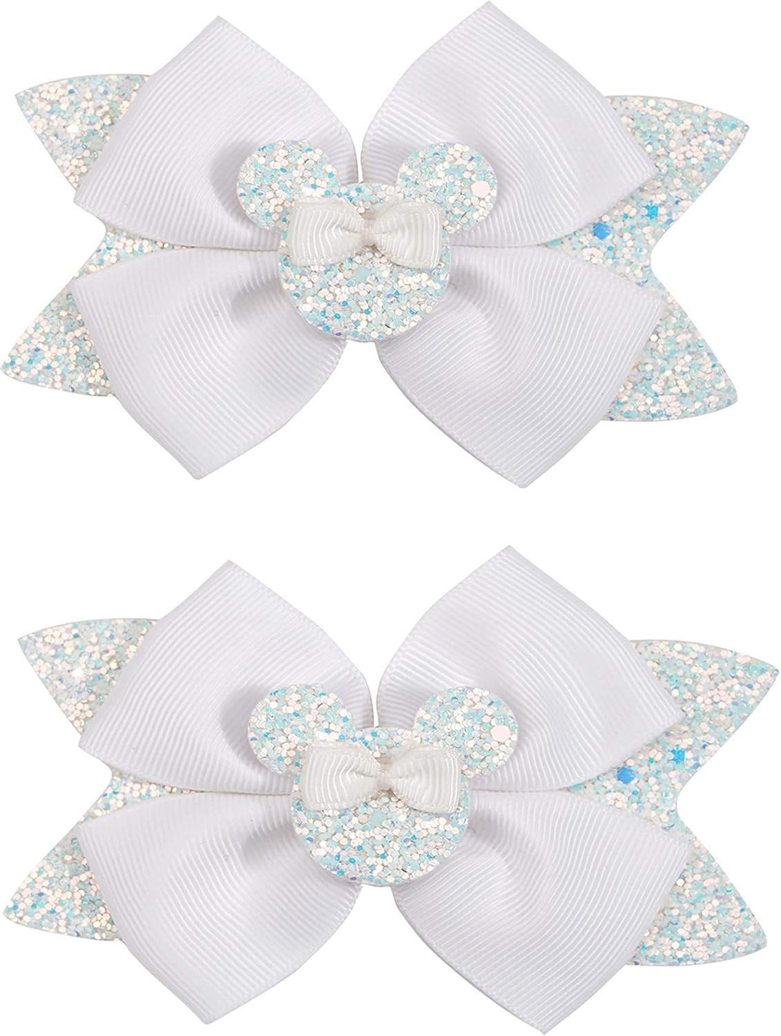 2 Pcs 4.5"Mouse Ears Hair Bows Clips for Kids Baby Girls Women, Glitter Party Princess Decoration Cosplay Birthday Christmas Party.(Fj40) (White) - Blue image number 5