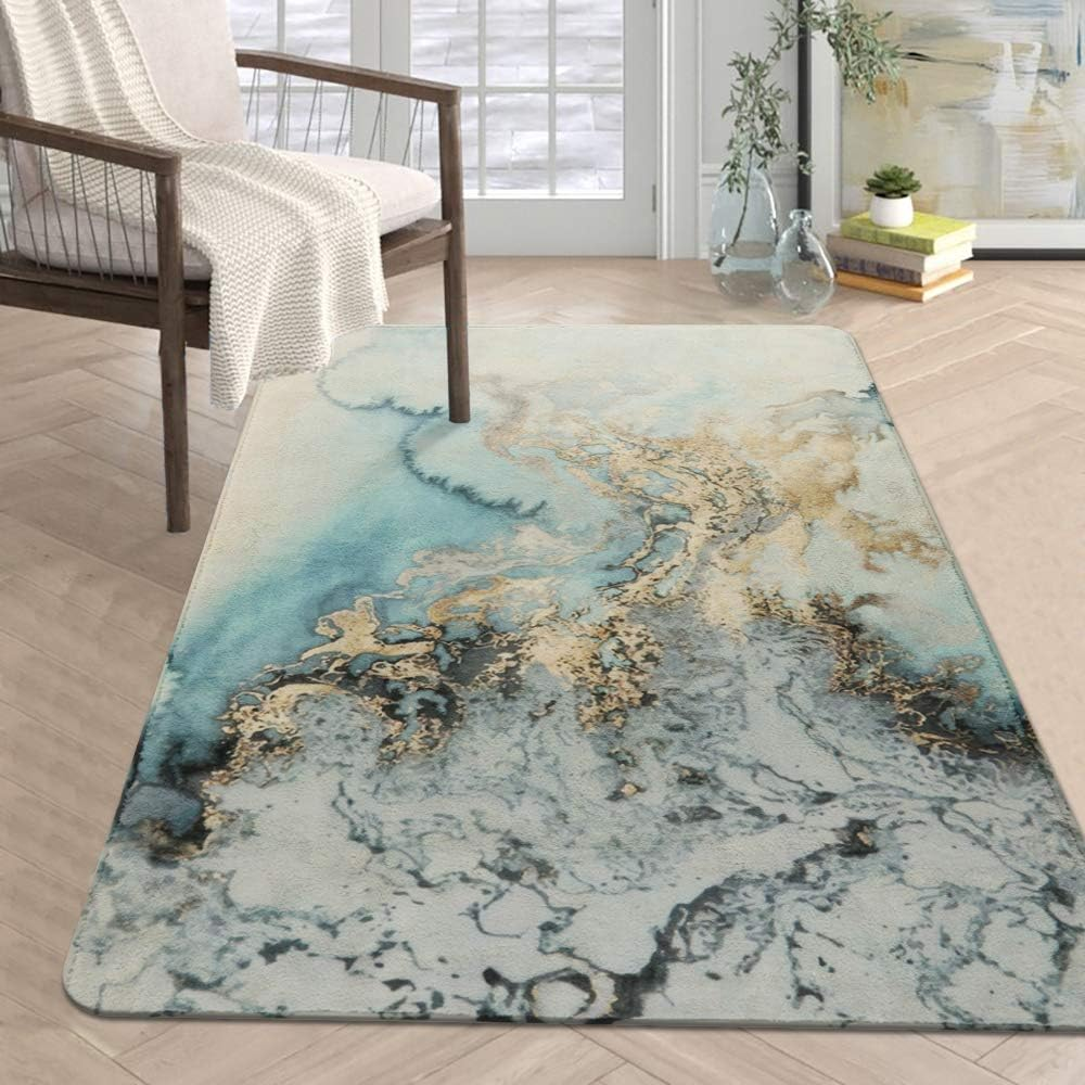 Lahome Marble Pattern Area Rug - 3' X 5' Faux Wool Non-Slip Area Rug Accent Distressed Throw Rugs Floor Carpet for Living Room Bedrooms Laundry Room Decor (3' X 5', Blue) image number 6