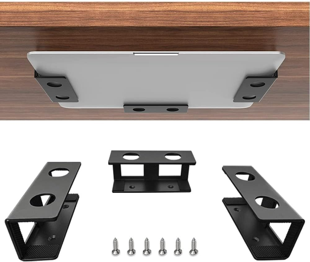 Under Desk Laptop Mount, Adjustable Metal CPU Holder for Laptop, Mac Mini, Macbook, Keyboard - Space-Saving, Anti-Scratch Silicone Padding, Sturdy Design, Easy Installation, Black