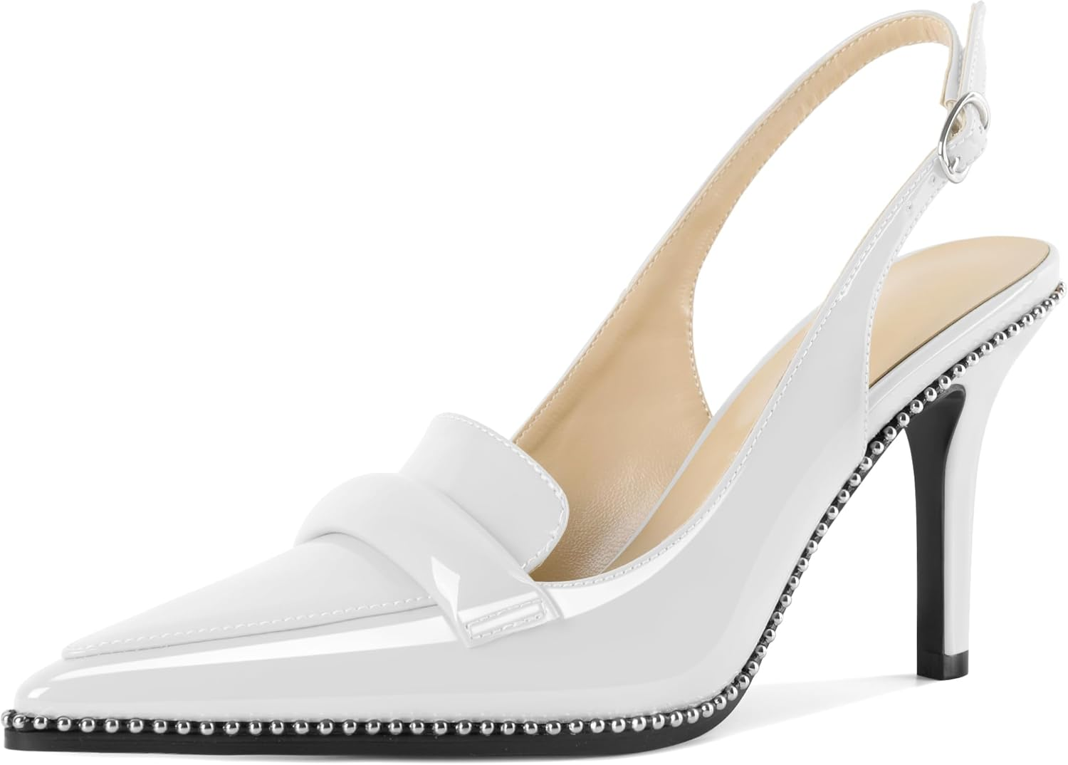 Esvowido Slingback Heels for Women Stilettos Beaded Pointed Toe Shoes Slip on Loafers Pumps High Heel Shoes for Women image number 3