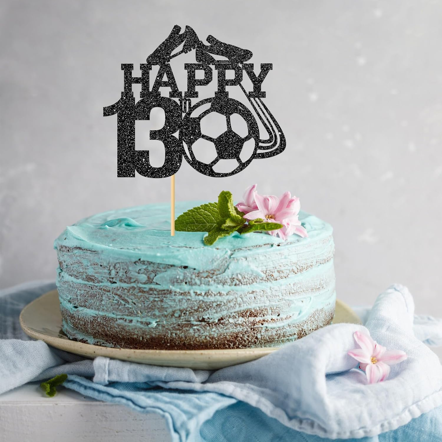 Monmon & Craft Soccer 13Th Birthday Cake Topper/Sport Theme Soccer Ball Cake Docer/Soccer Player Boy 13Th Birthday Party Decorations - Black Glitter image number 3