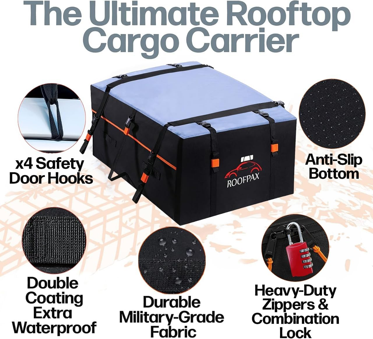 Roofpax Expandable 15/19 Cft. Car Rooftop Cargo Carrier Bag Waterproof Storage Including Double Zippers Integrated Mat 10 Heavy-Duty Tie-Down Straps Fit Cars With/Without Roof Top Rack or Side Rails image number 1
