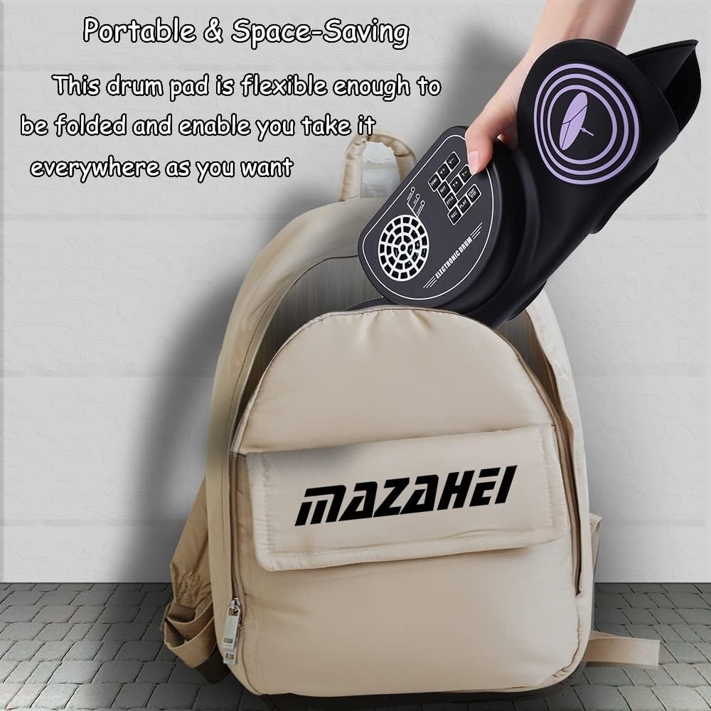 MAZAHEI Electric Drum, 9 Silicone Folding Electronic Practice Battery Pads with Connector for Headphones, Speaker and Built-In Battery, Pedals, Drumsticks, Ideal Gifts for Na