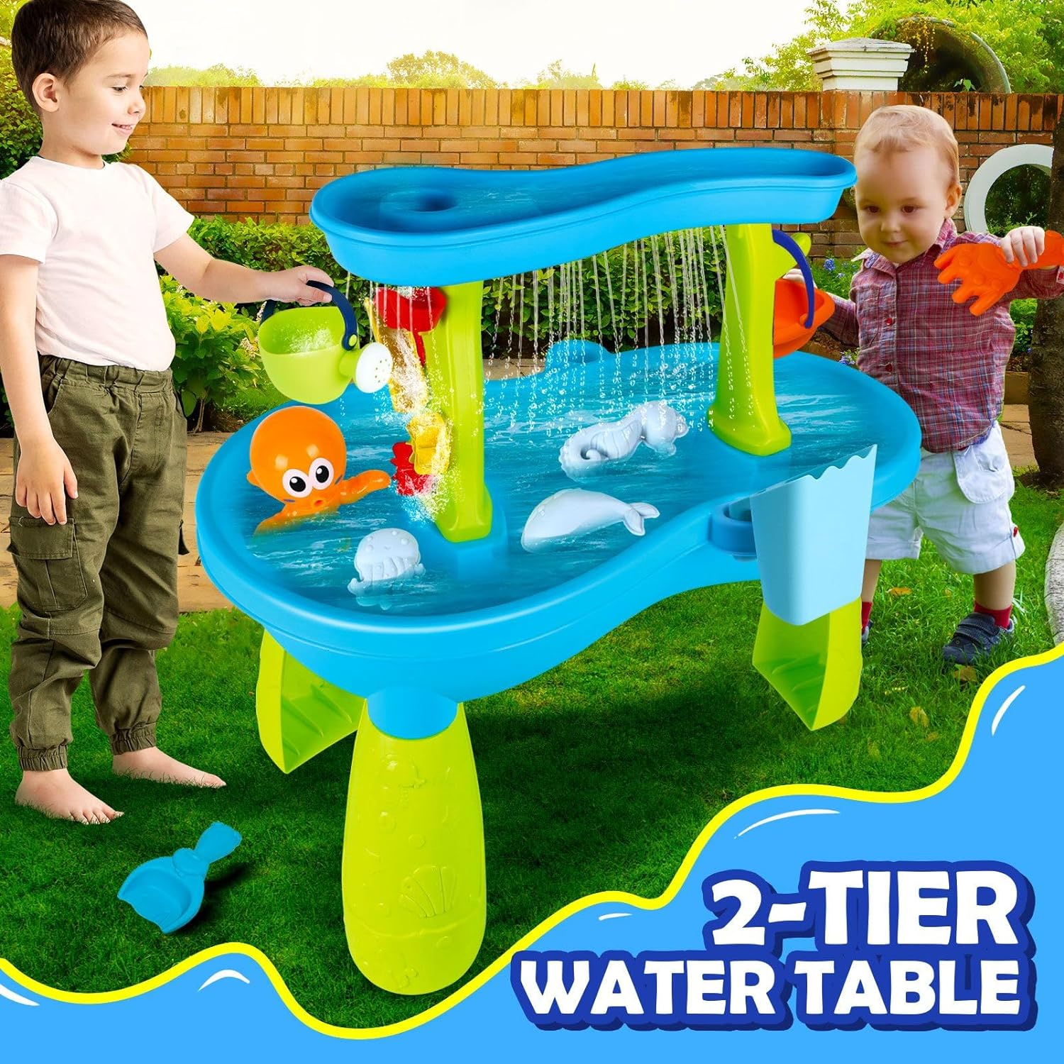 KIDBOT Sand and Water Table,2 Tier Pool Play Toys for Educational Beach Outdoor Activity Summer Backyard Kids Pretend Set